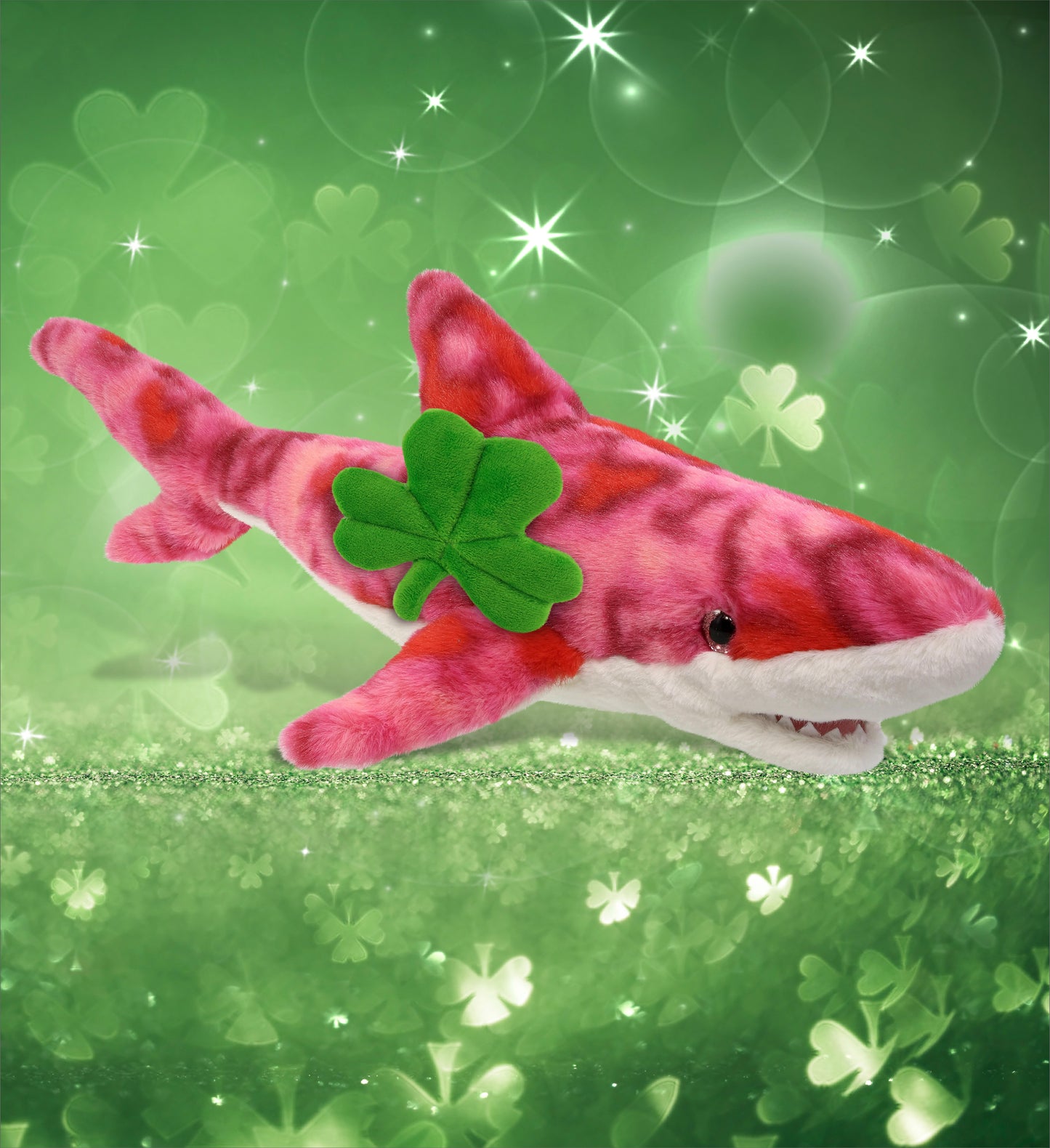 DolliBu Pink Tie-Dye Shark Stuffed Animal with Green Plush Shamrock - 23 Inches