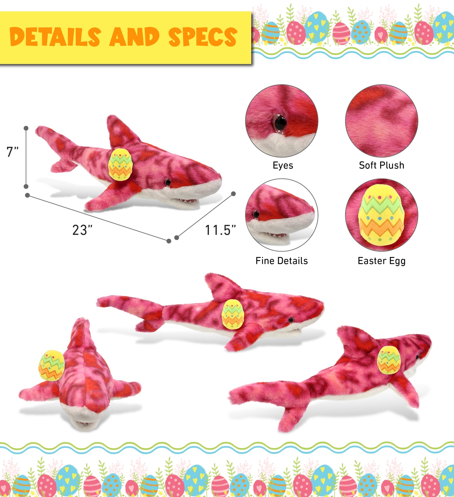 DolliBu Super Soft Pink Tie-Dye Shark with Yellow Easter Egg Plush - 23 Inches