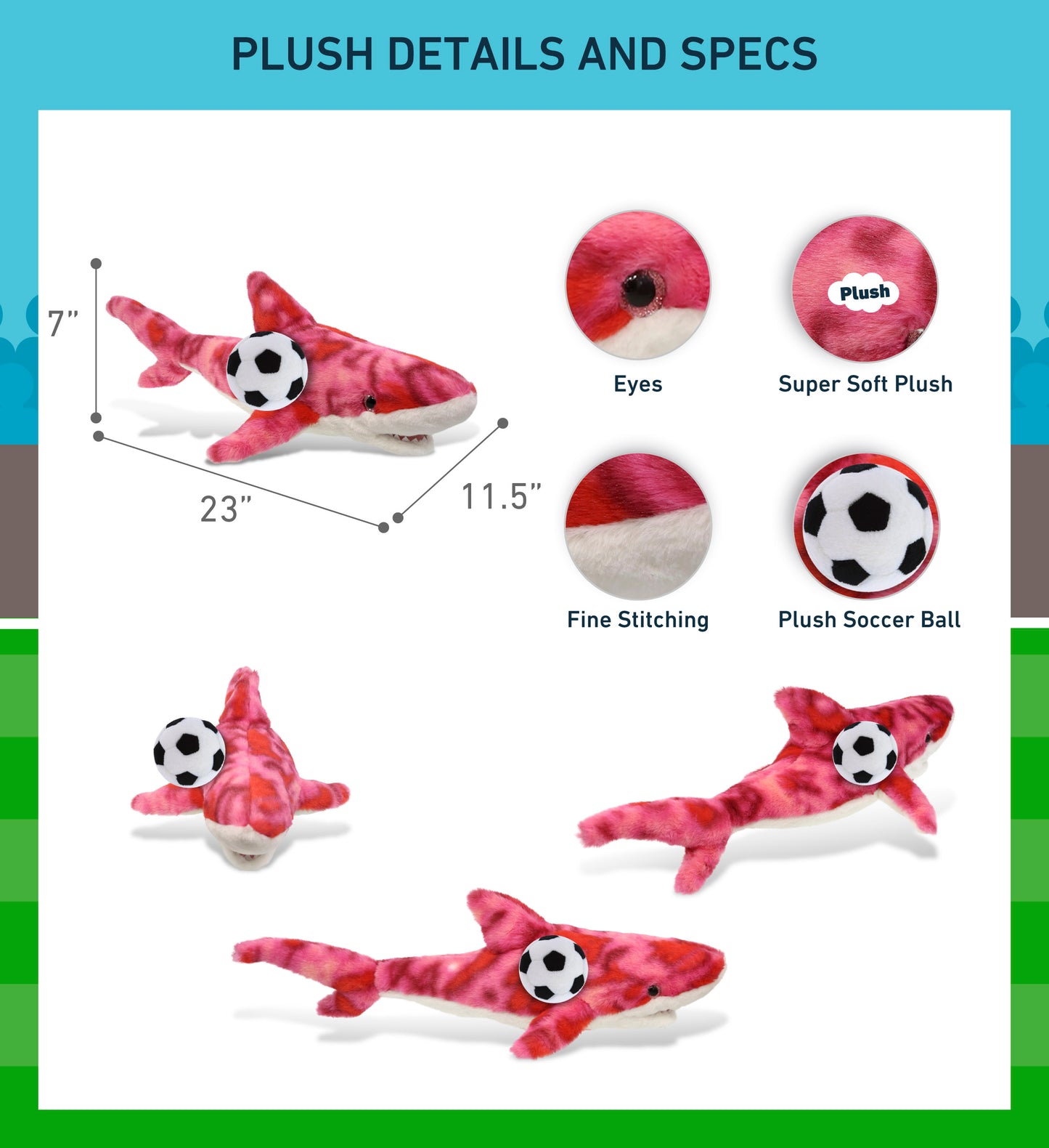 SUPER-SOFT PLUSH - PINK TIE-DYE SHARK 23" WITH SOCCER PLUSH