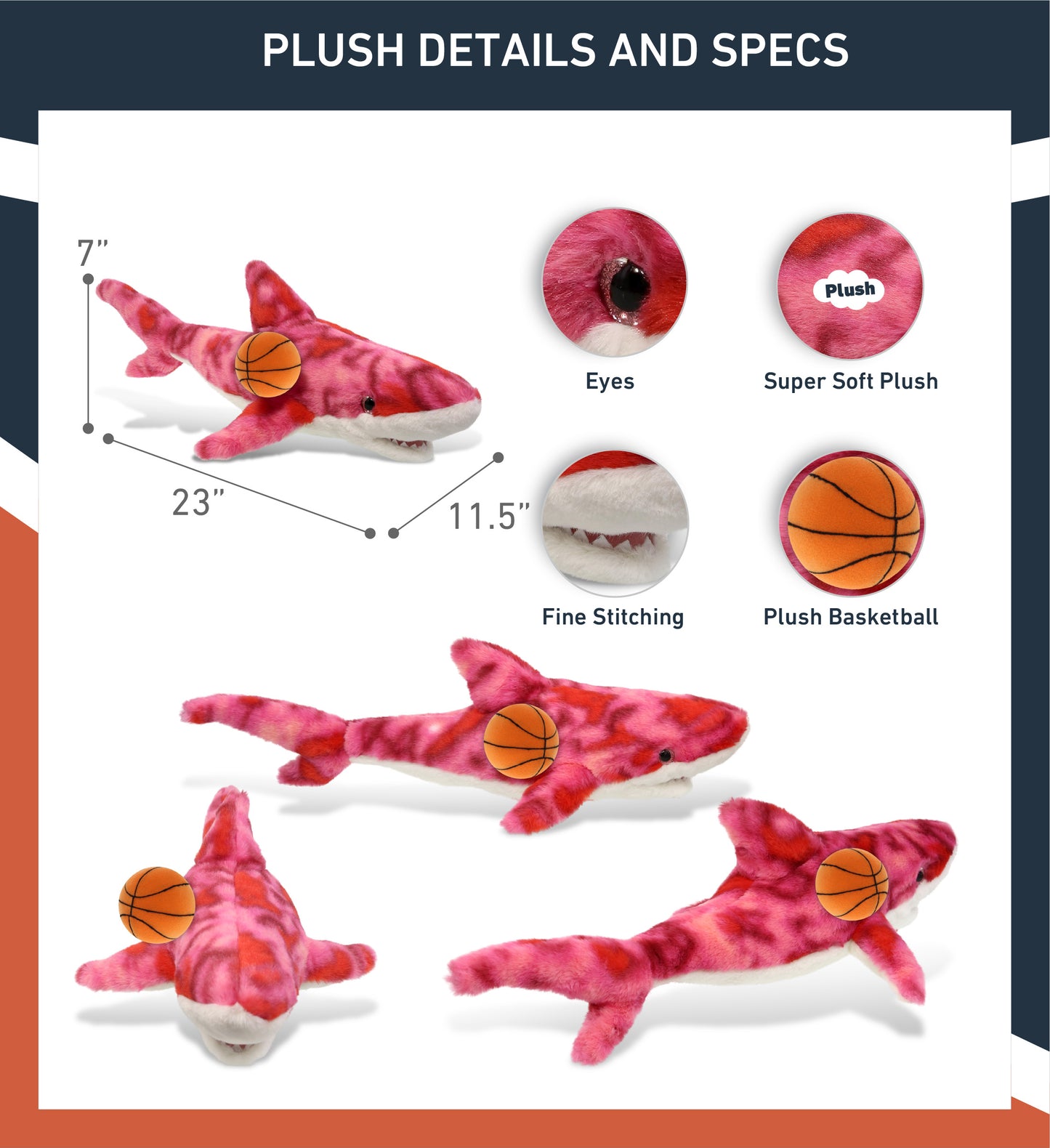 SUPER-SOFT PLUSH - PINK TIE-DYE SHARK 23" WITH BASKETBALL PLUSH
