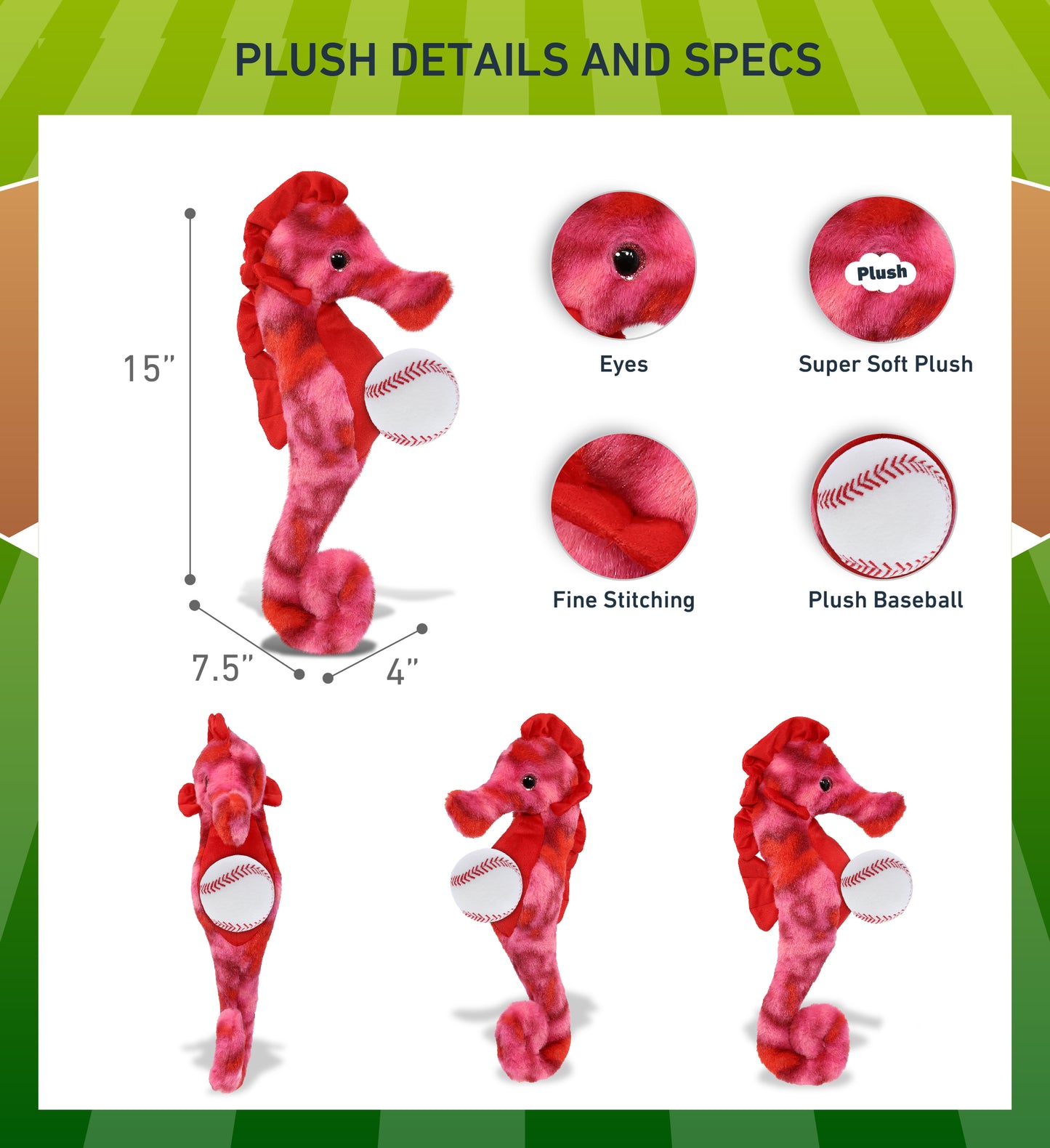 SUPER-SOFT PLUSH - PINK TIE-DYE SEAHORSE 15" WITH BASEBALL PLUSH