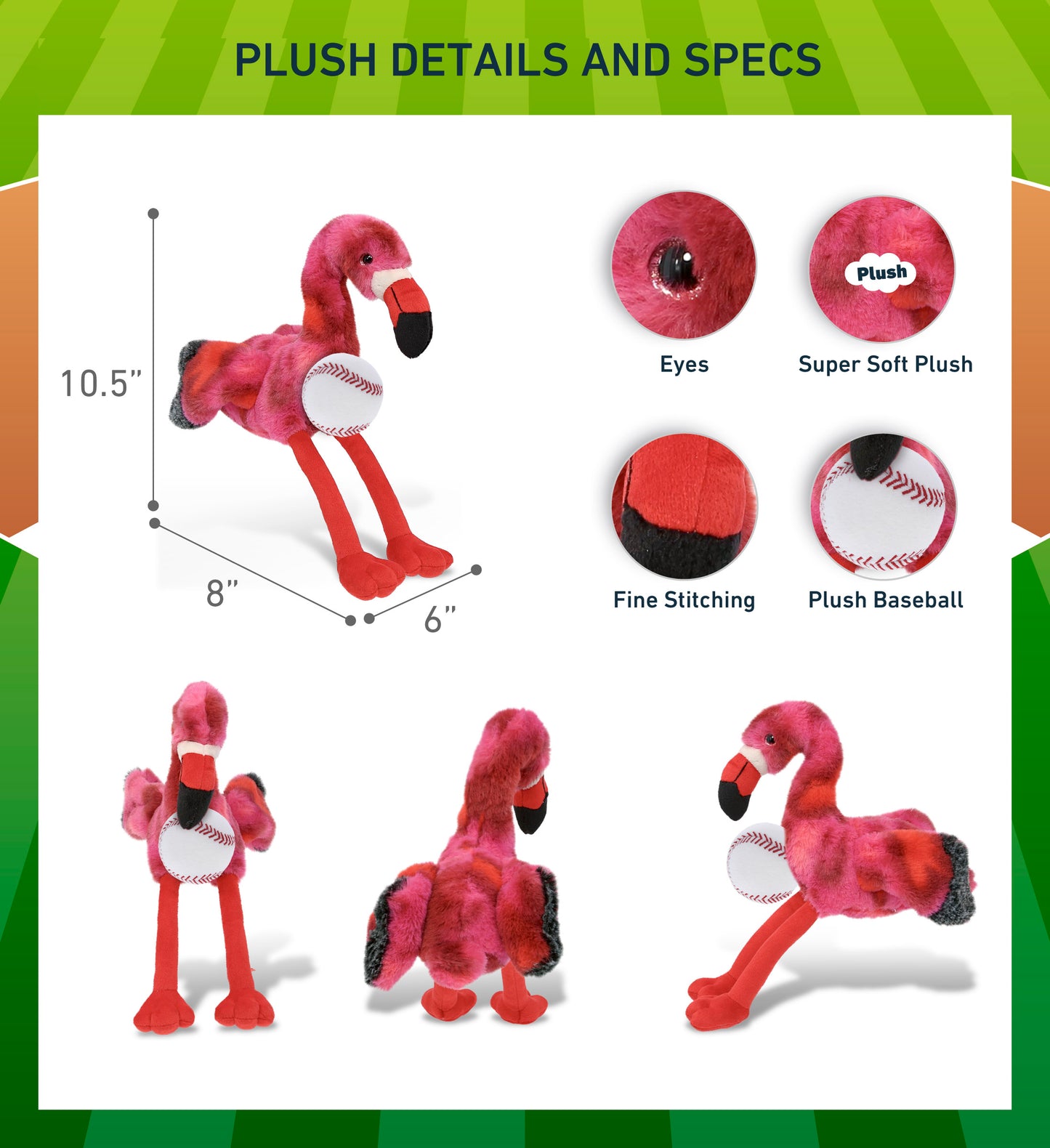 SUPER-SOFT PLUSH - PINK TIE-DYE FLAMINGO 8" with Baseball Plush