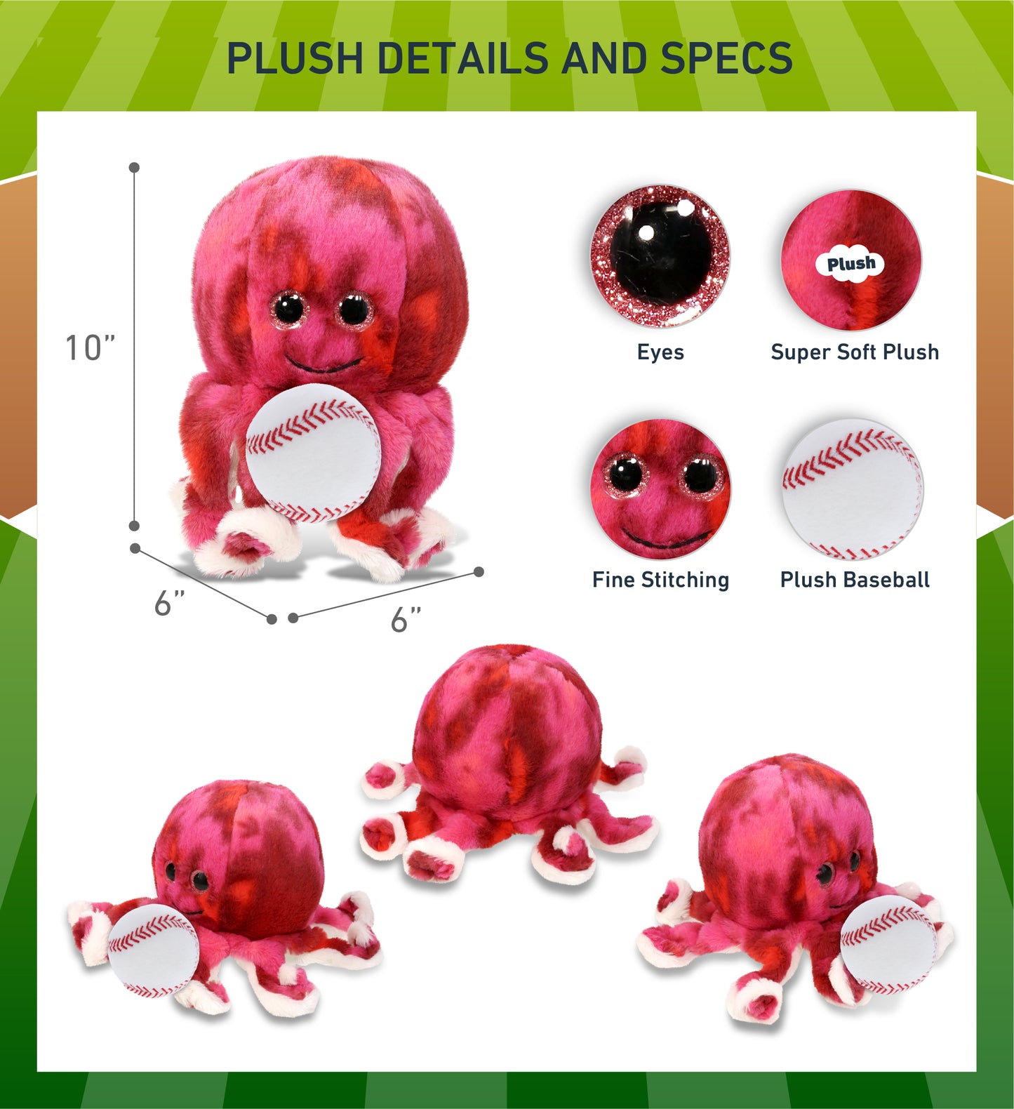 SUPER-SOFT PLUSH - PINK TIE-DYE OCTOPUS 10" with Baseball Plush