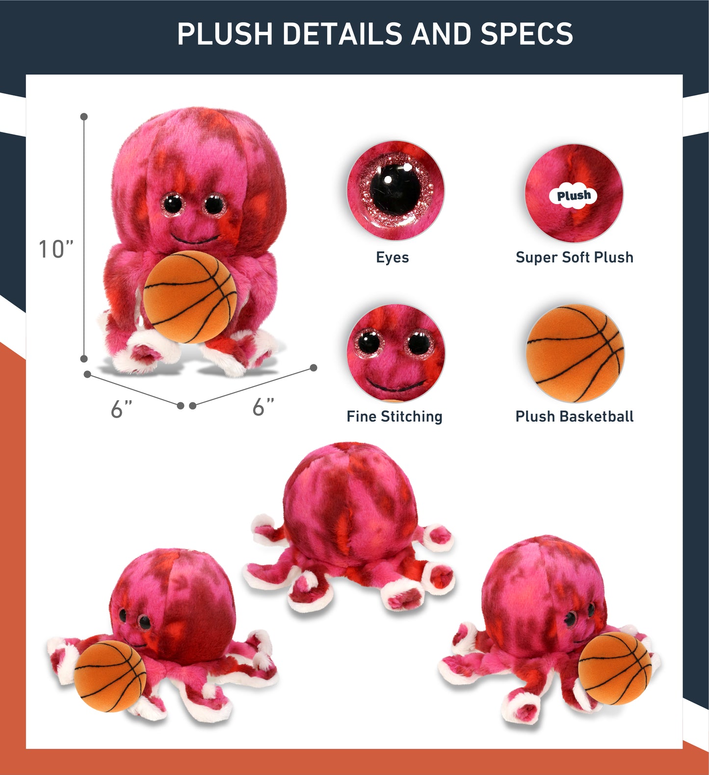 SUPER-SOFT PLUSH - PINK TIE-DYE OCTOPUS 10" with Basketball Plush