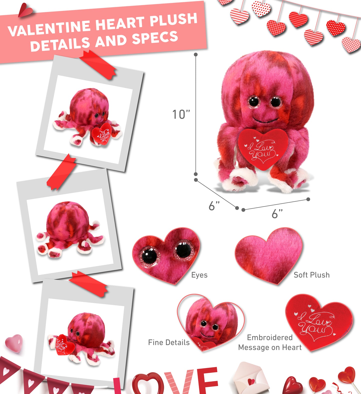 PLUSH I LOVE YOU RED HEART - SUPER-SOFT PLUSH - PINK TIE-DYE OCTOPUS 10"