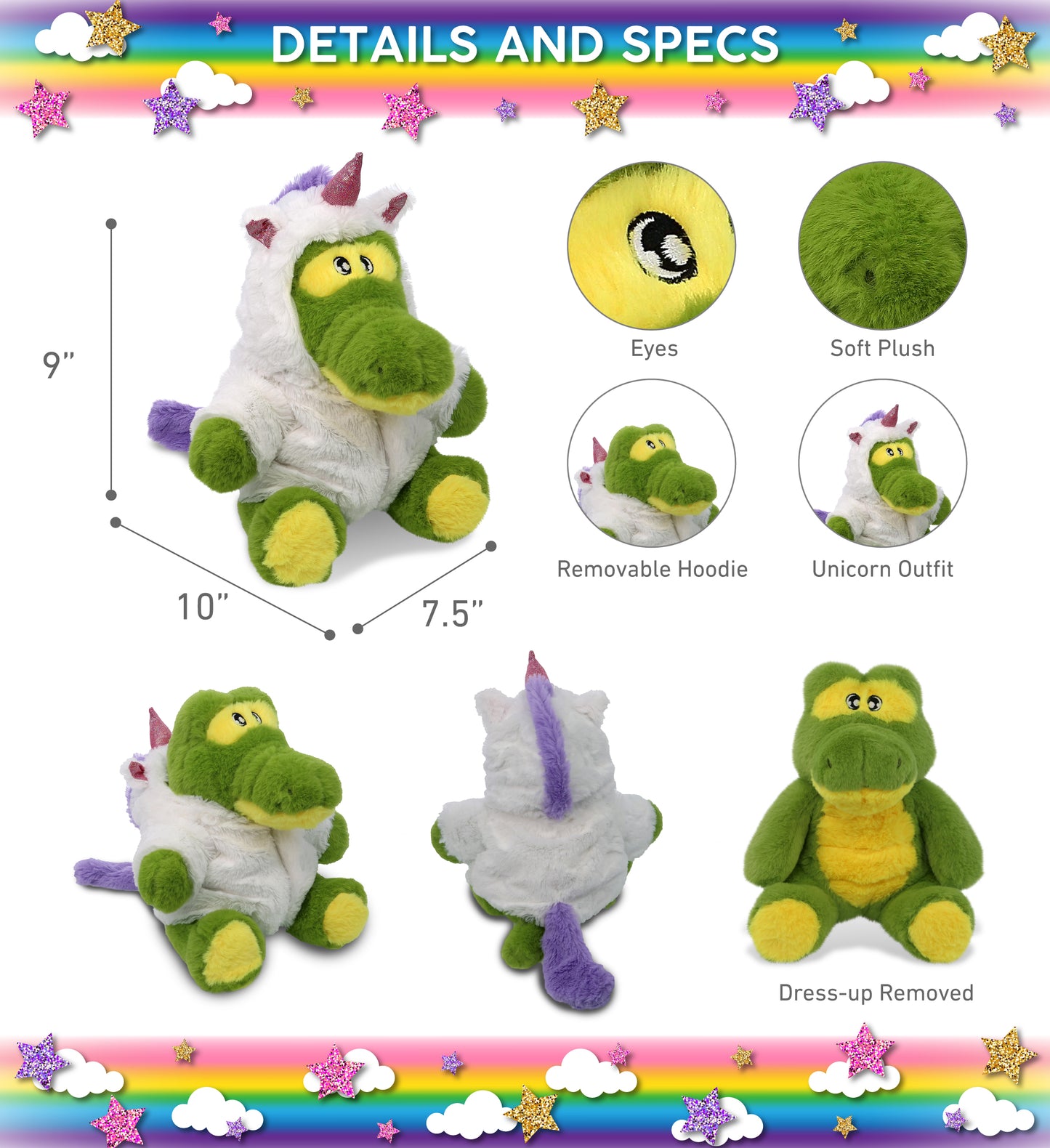 ECO FRIENDLY SUPER-SOFT PLUSH - ALLIGATOR 9" With Unicorn Dress Up