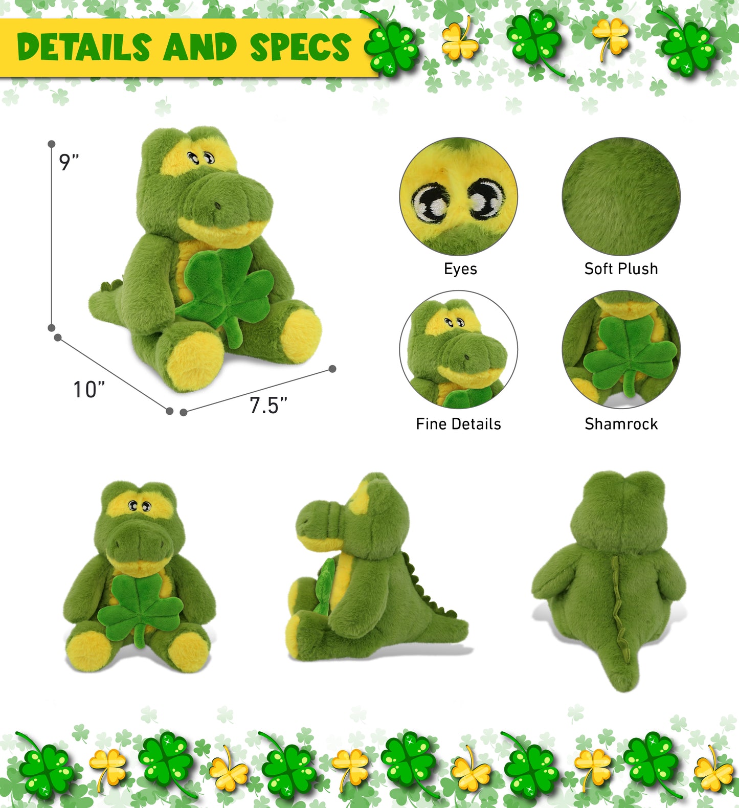 DolliBu Eco-Friendly Alligator Stuffed Animal with Green Plush Shamrock, 9 Inch