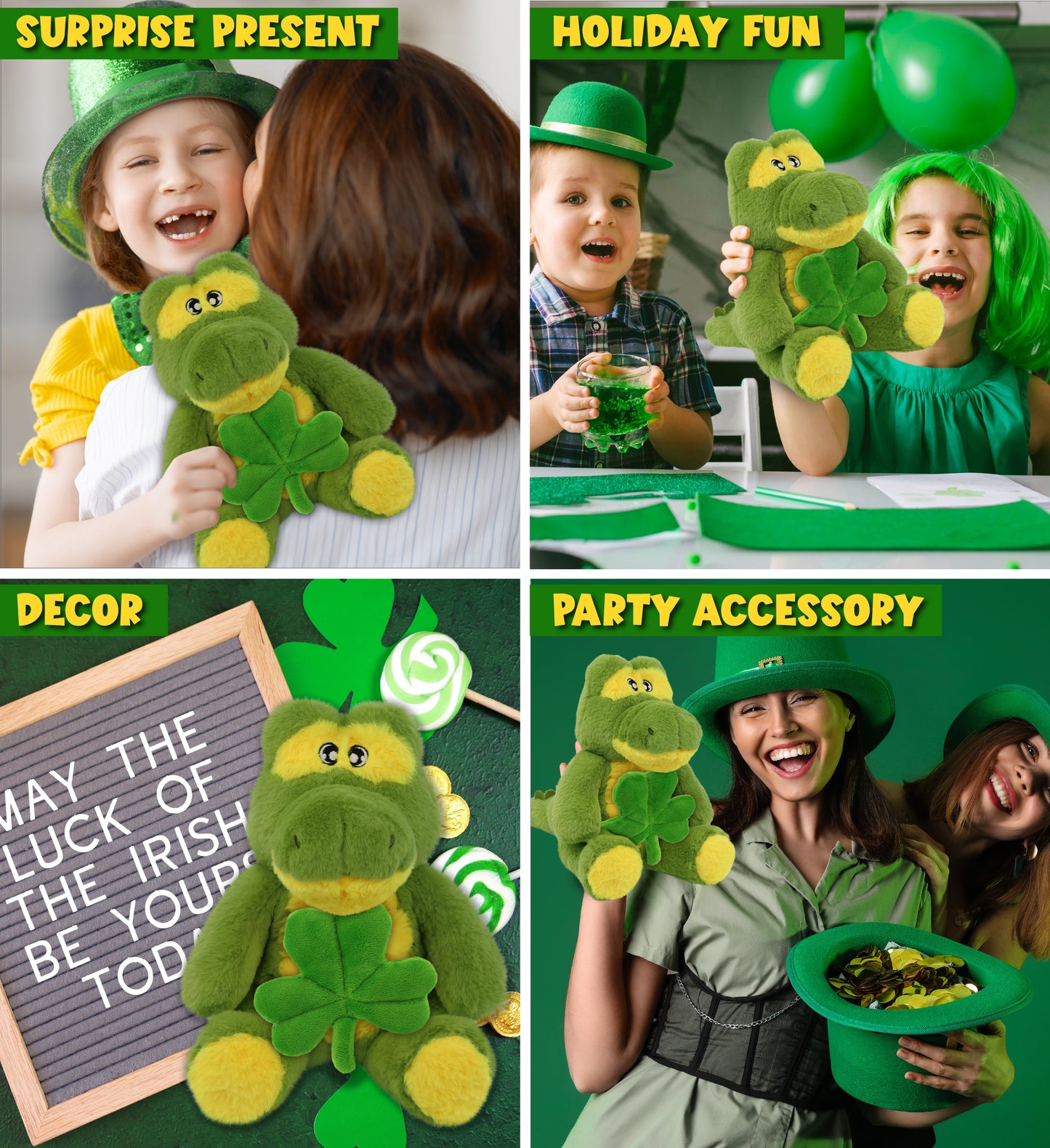 DolliBu Eco-Friendly Alligator Stuffed Animal with Green Plush Shamrock, 9 Inch