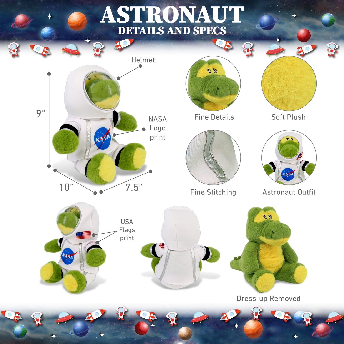 ECO FRIENDLY SUPER-SOFT PLUSH - ALLIGATOR 9" With Astronaut Dress Up