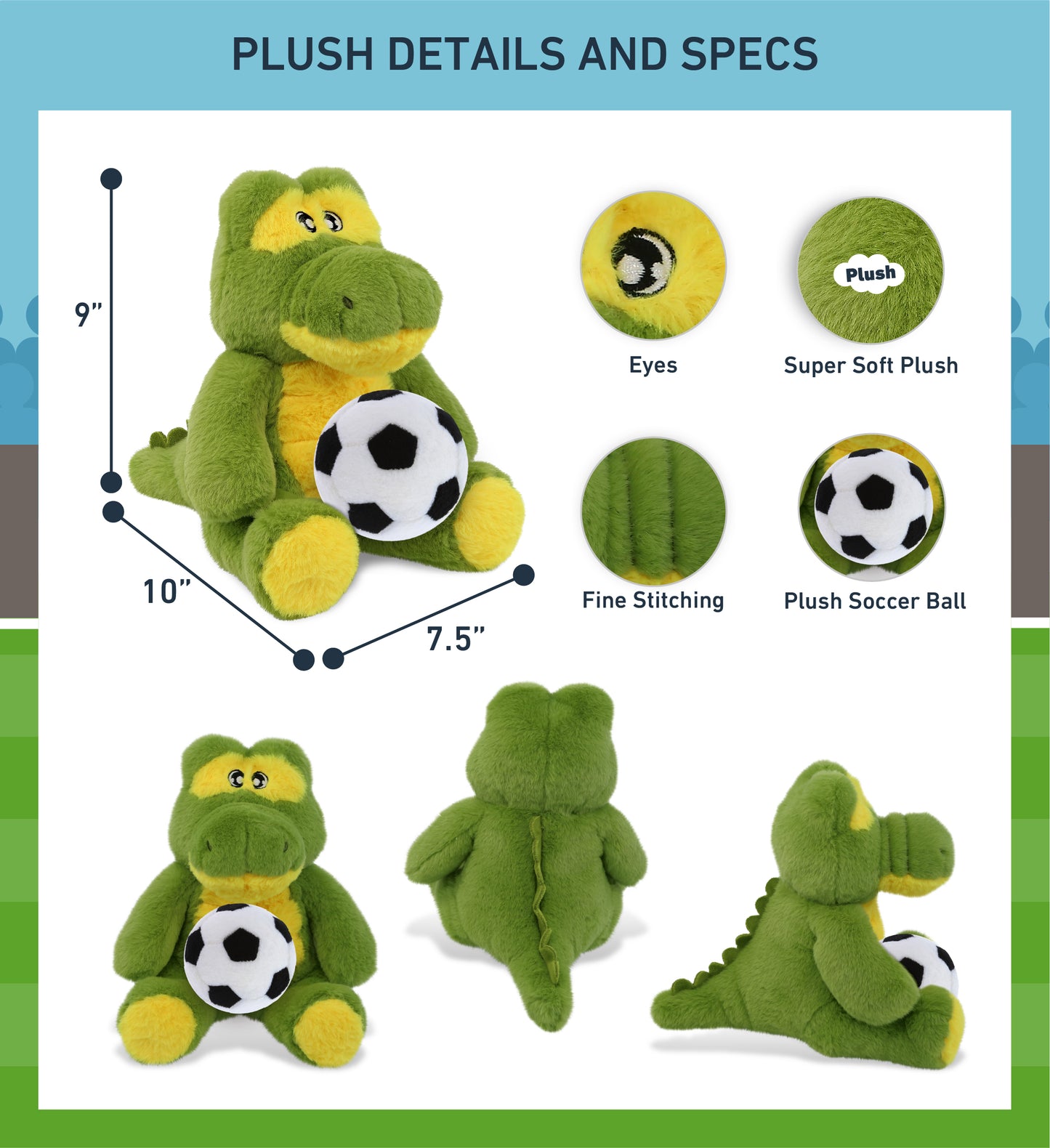 ECO FRIENDLY SUPER-SOFT PLUSH - ALLIGATOR 9" With Soccer Plush