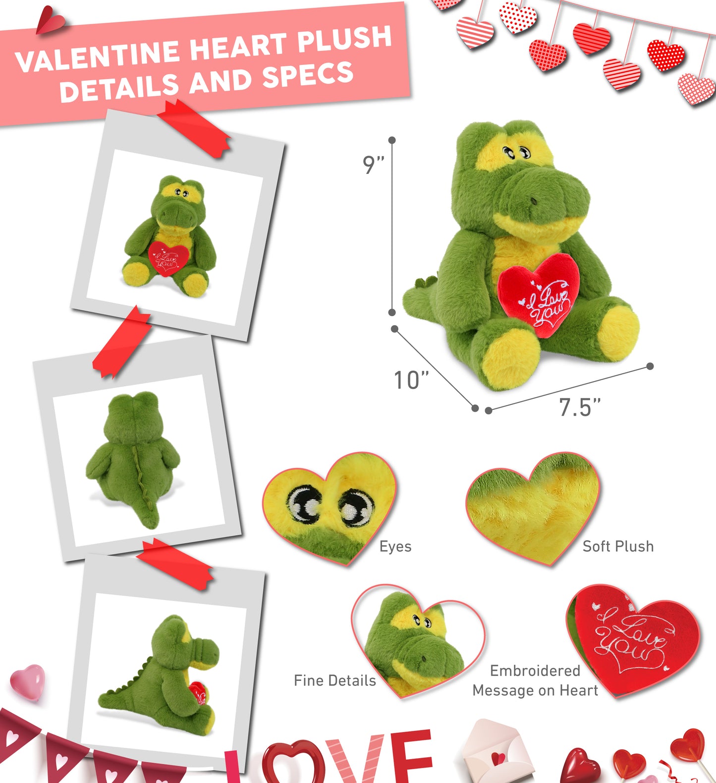 PLUSH I LOVE YOU RED HEART - ECO FRIENDLY SUPER-SOFT PLUSH - ALLIGATOR 9"