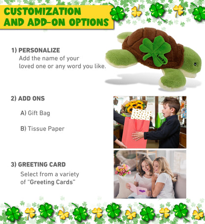 DolliBu Eco-Friendly Sea Turtle Stuffed Toy with Green Plush Shamrock - 12 Inch