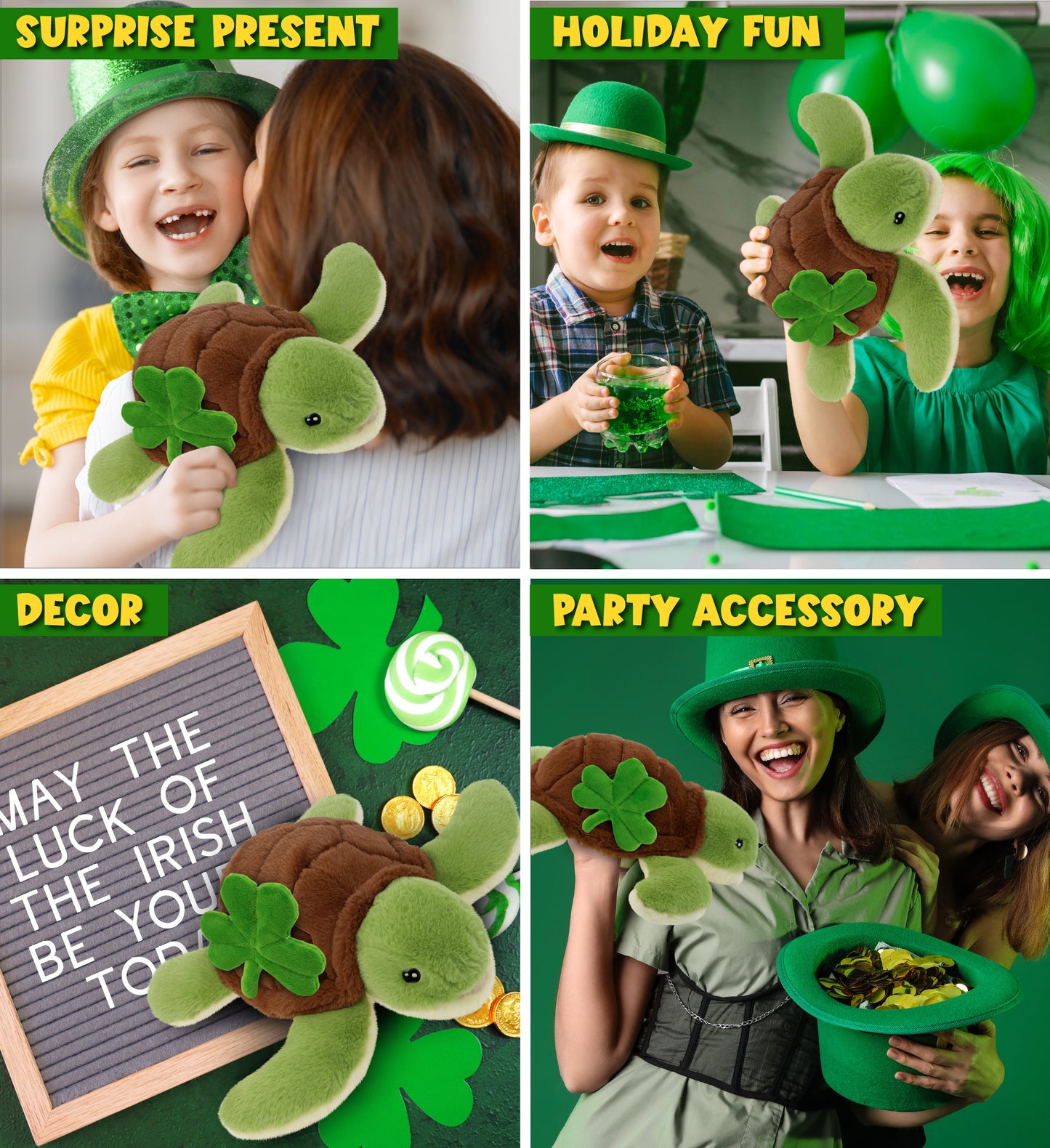 DolliBu Eco-Friendly Sea Turtle Stuffed Toy with Green Plush Shamrock - 12 Inch