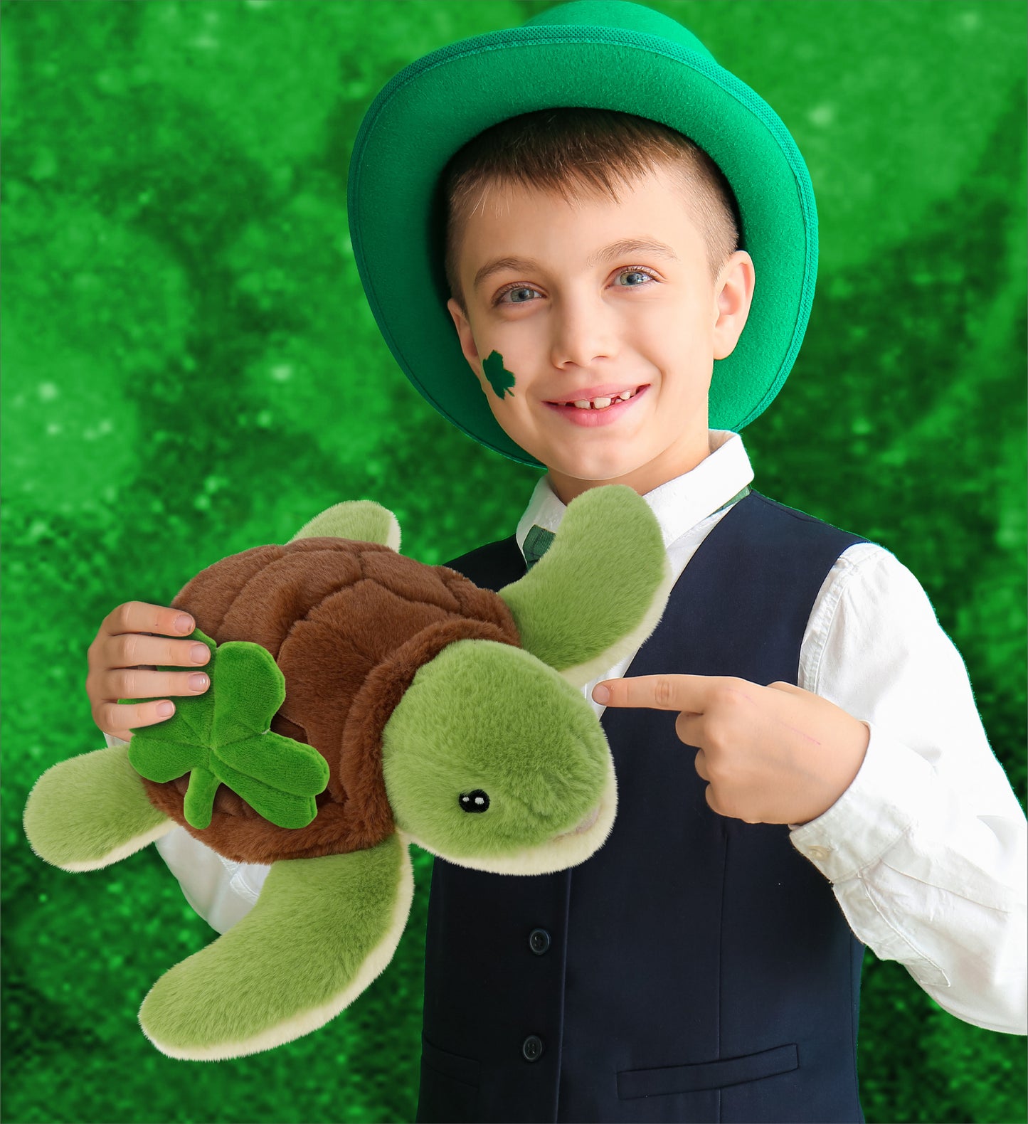 DolliBu Eco-Friendly Sea Turtle Stuffed Toy with Green Plush Shamrock - 12 Inch