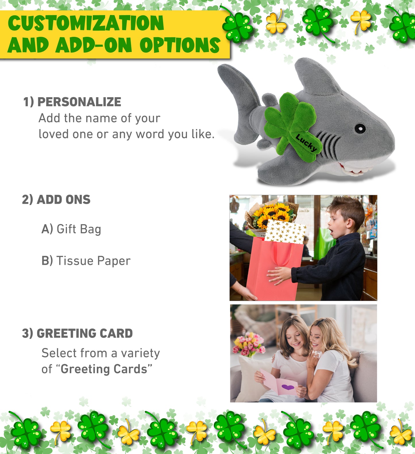 DolliBu Eco-Friendly Shark Stuffed Animal with Green Plush Shamrock - 12 Inches