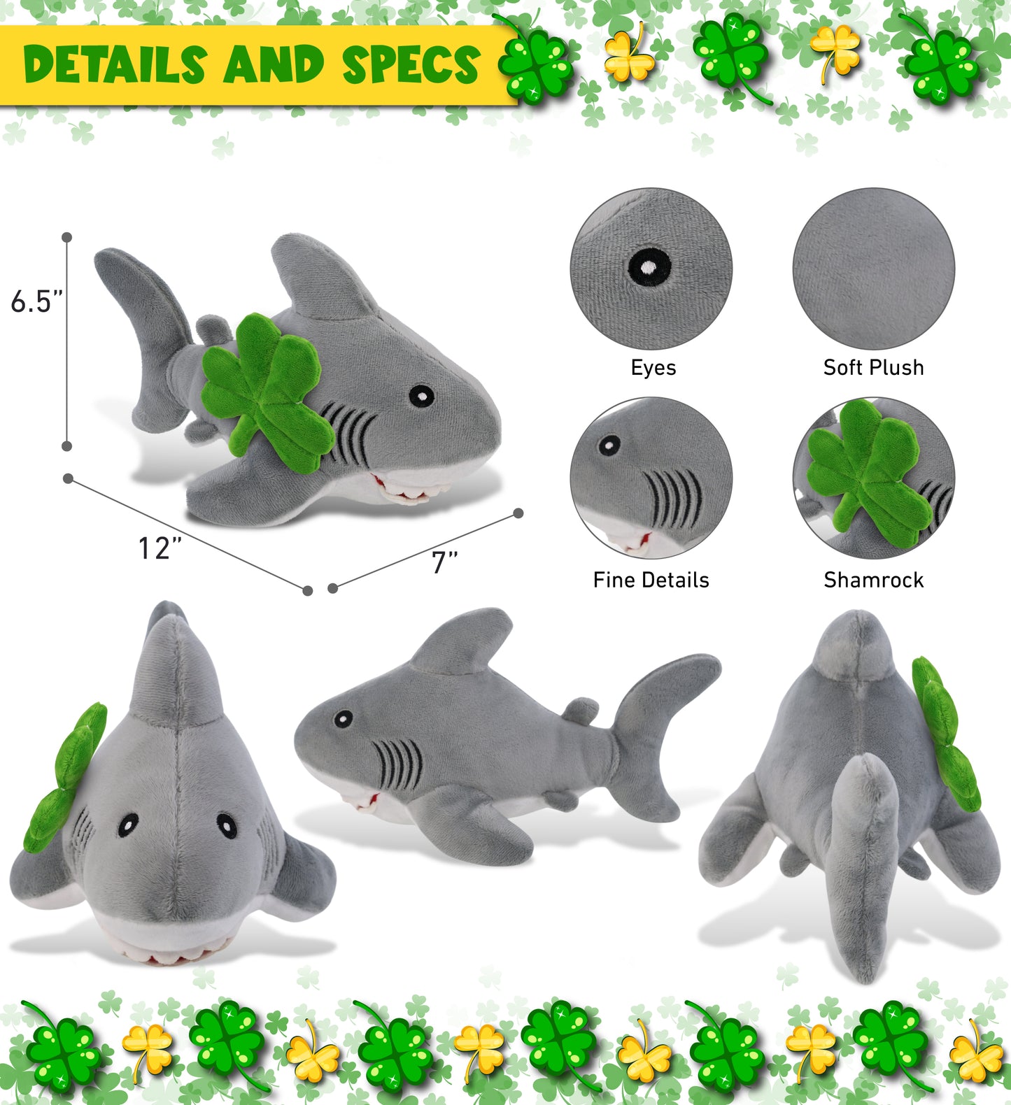 DolliBu Eco-Friendly Shark Stuffed Animal with Green Plush Shamrock - 12 Inches