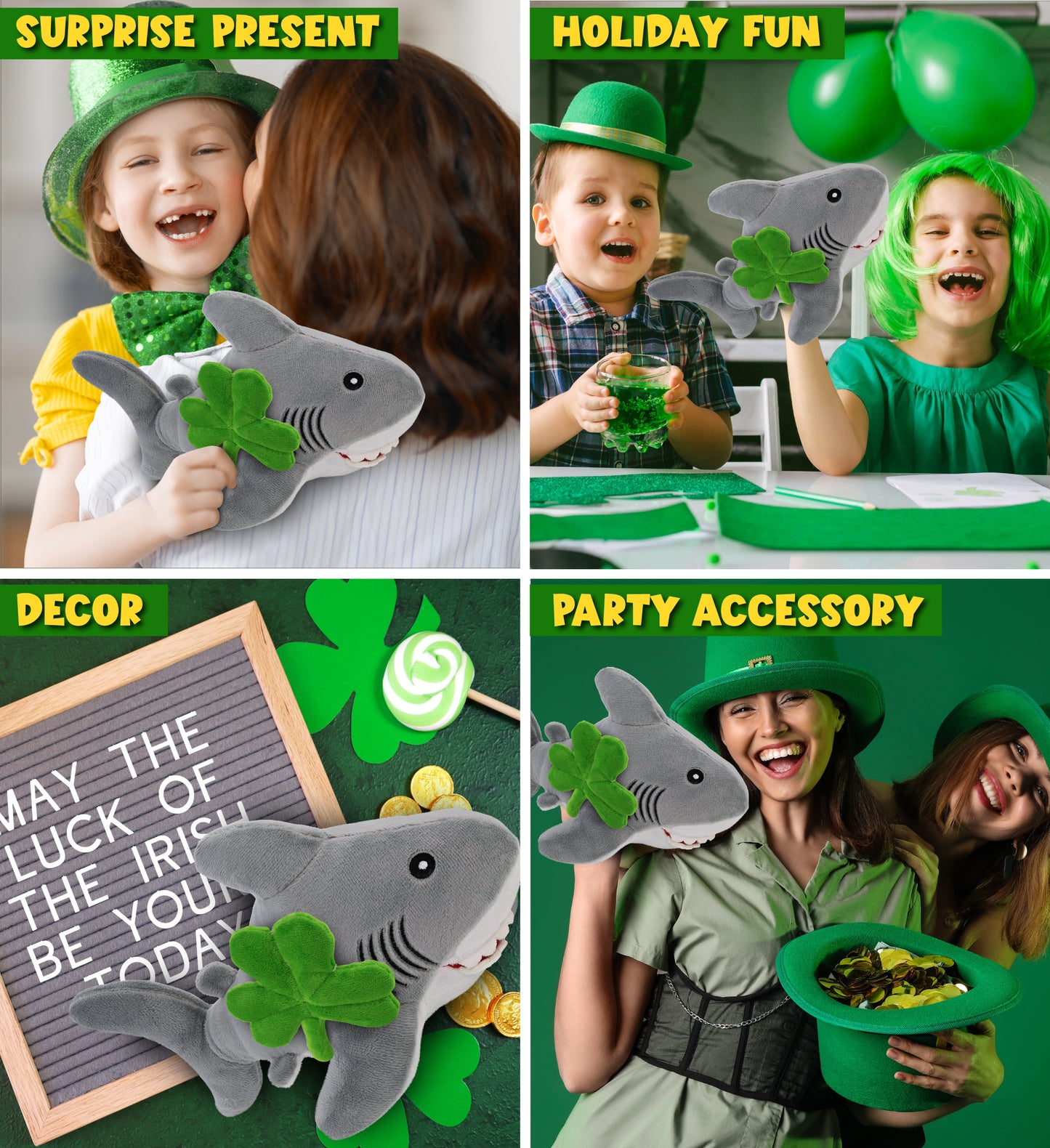 DolliBu Eco-Friendly Shark Stuffed Animal with Green Plush Shamrock - 12 Inches
