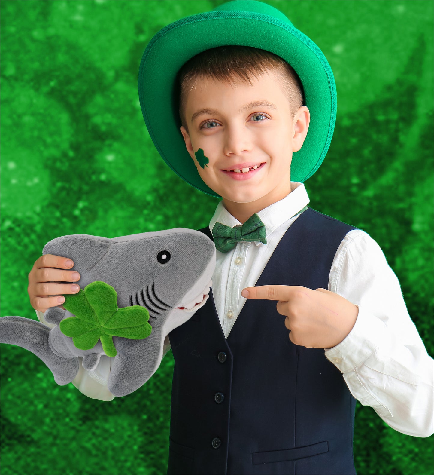 DolliBu Eco-Friendly Shark Stuffed Animal with Green Plush Shamrock - 12 Inches