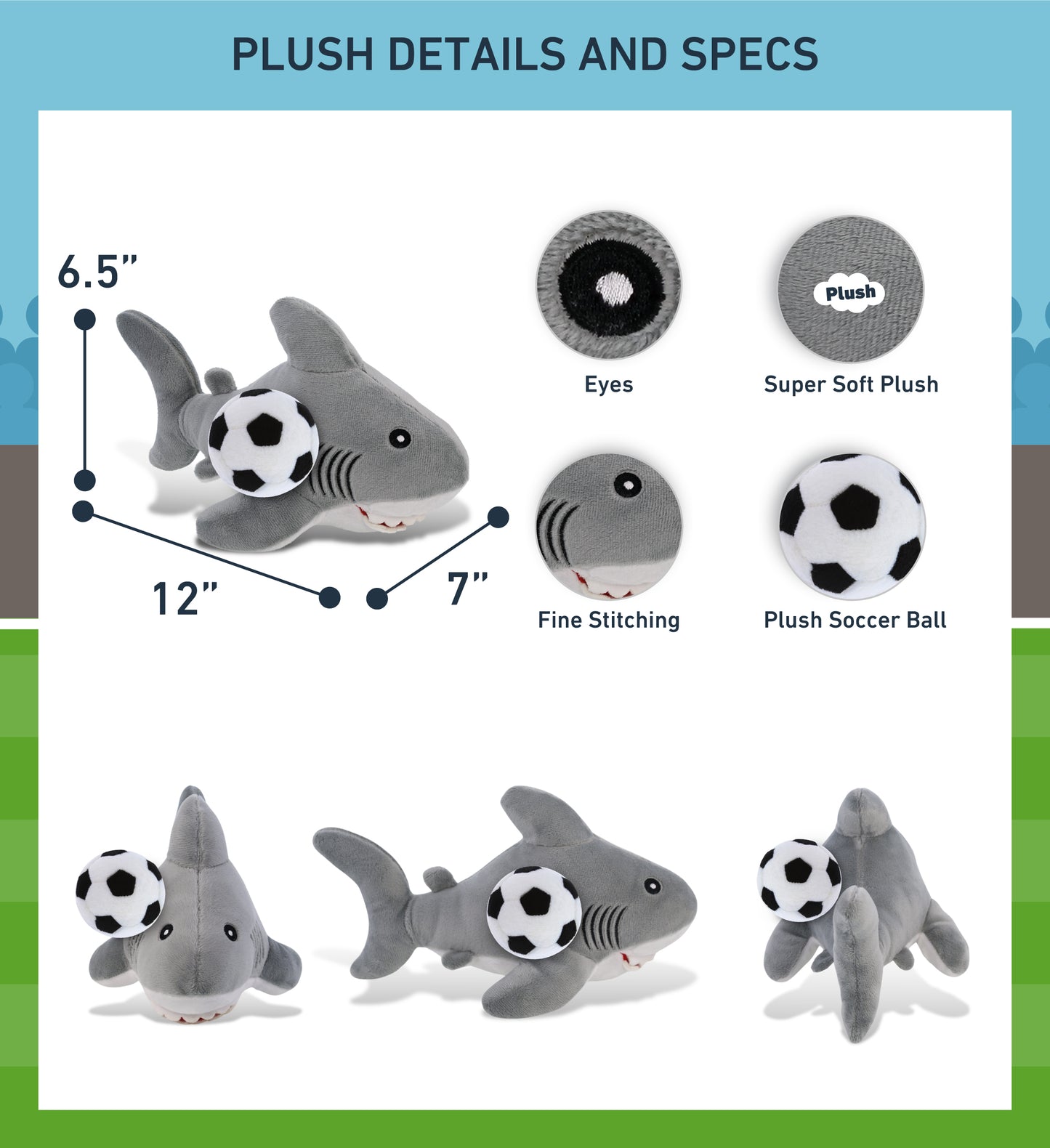 ECO FRIENDLY SUPER-SOFT PLUSH - SHARK 12" With Soccer Plush