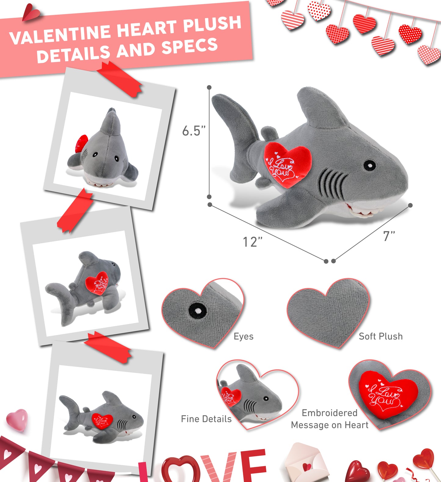 PLUSH I LOVE YOU RED HEART - ECO FRIENDLY SUPER-SOFT PLUSH - SHARK 12"