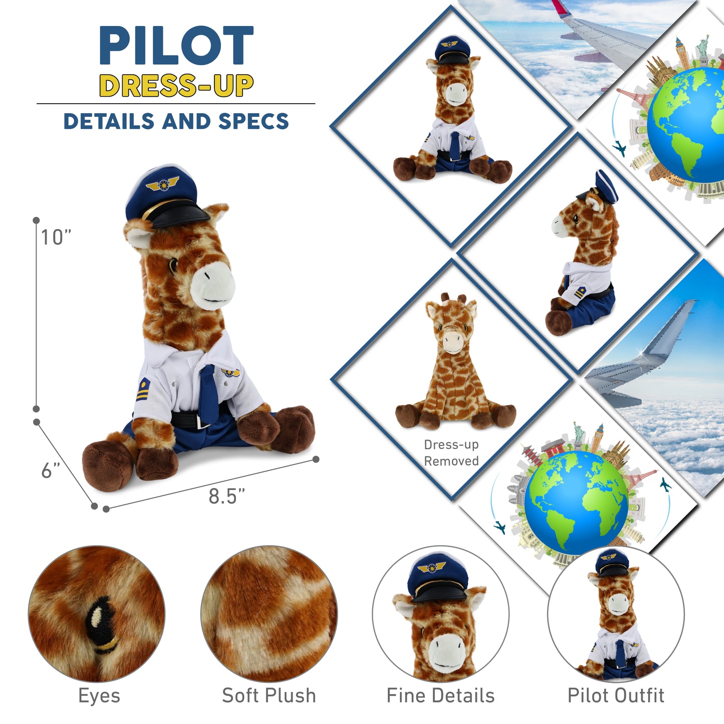 ECO FRIENDLY SUPER-SOFT PLUSH - GIRAFFE 10" WITH PILOT DRESS UP