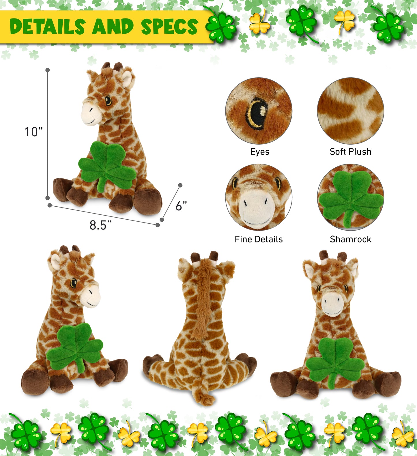 DolliBu Eco-Friendly Giraffe Stuffed Animal with Green Plush Shamrock - 10 Inch