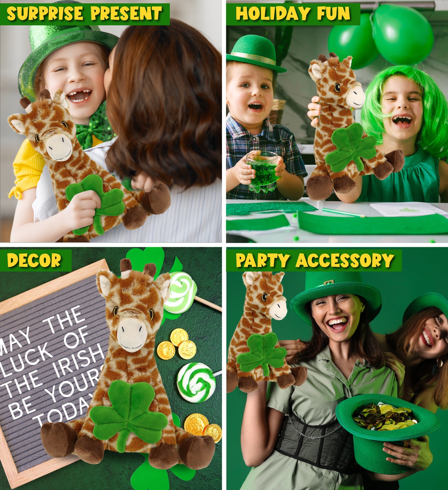 DolliBu Eco-Friendly Giraffe Stuffed Animal with Green Plush Shamrock - 10 Inch
