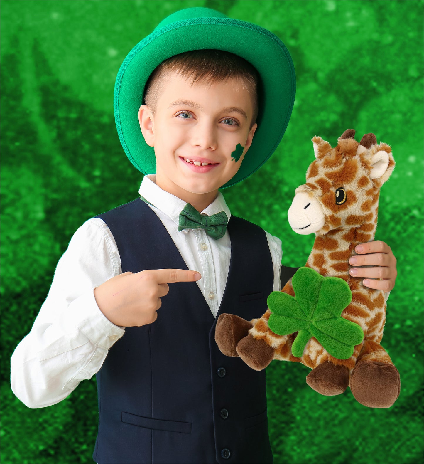 DolliBu Eco-Friendly Giraffe Stuffed Animal with Green Plush Shamrock - 10 Inch