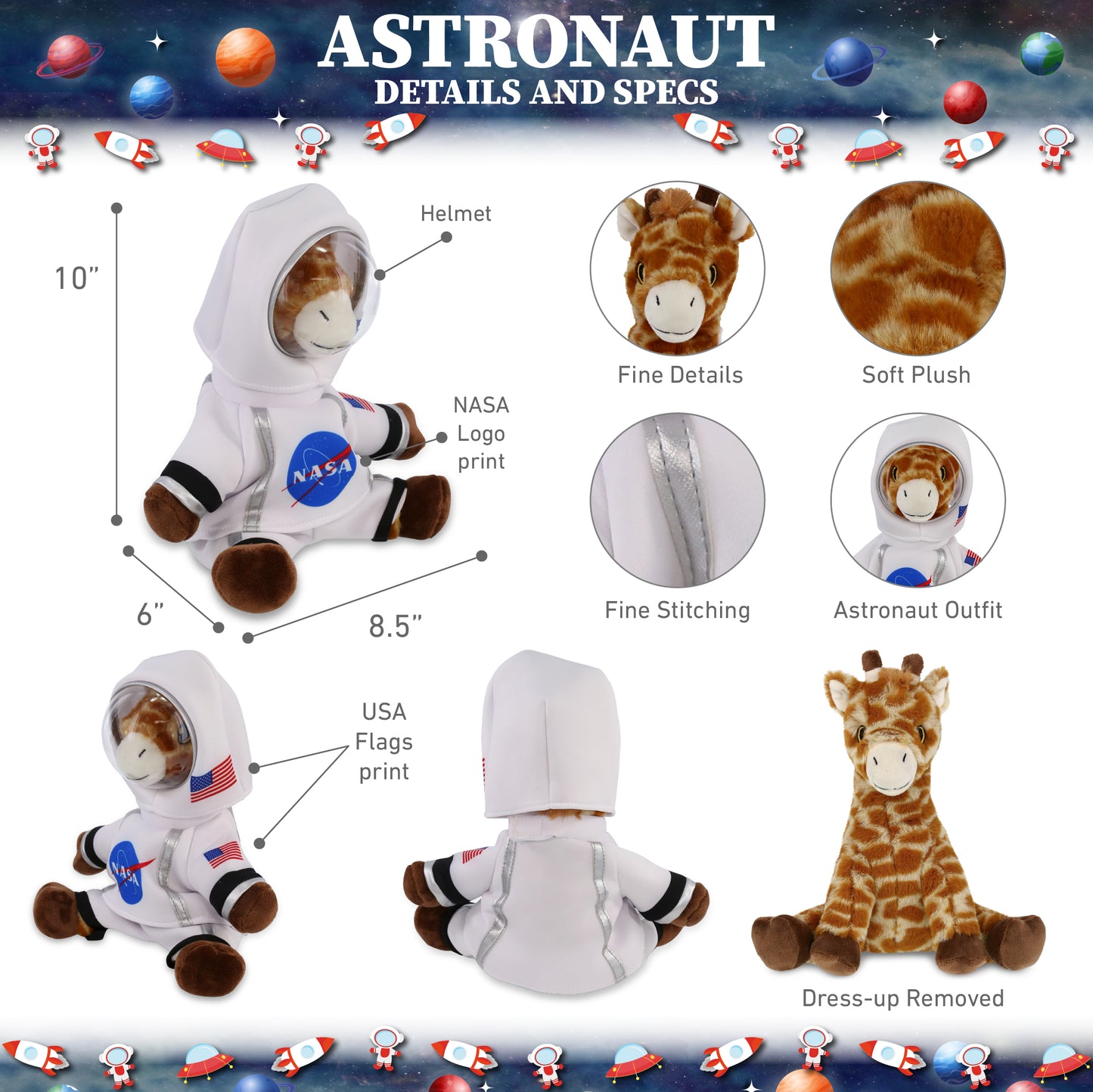 ECO FRIENDLY SUPER-SOFT PLUSH - GIRAFFE 10" With Astronaut Dress Up