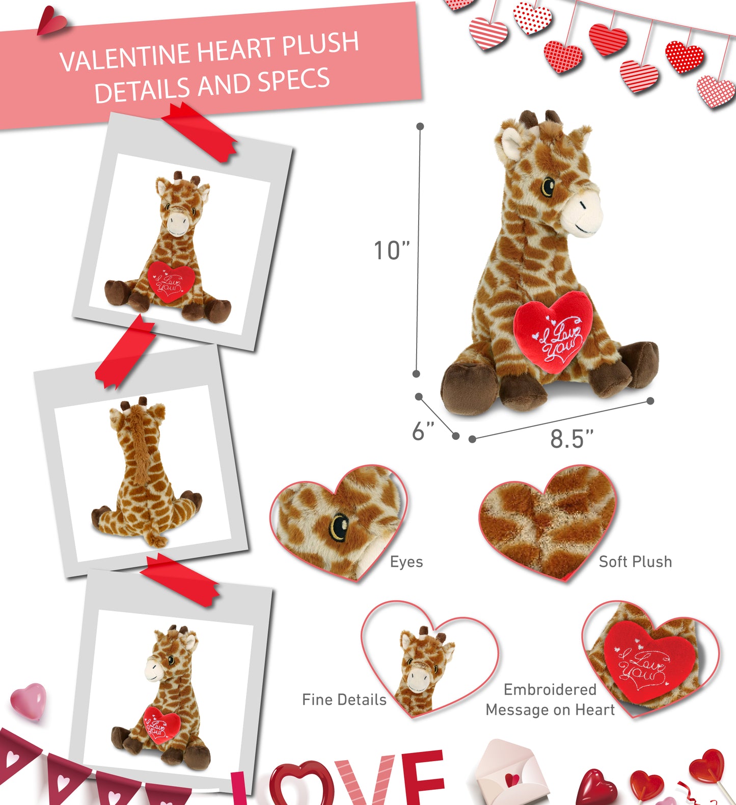 PLUSH I LOVE YOU RED HEART - ECO FRIENDLY SUPER-SOFT PLUSH - GIRAFFE 10"