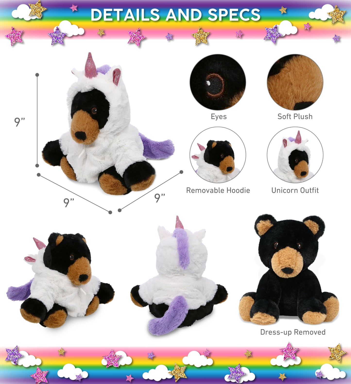 ECO FRIENDLY SUPER-SOFT PLUSH - BLACK BEAR 9" With Unicorn Dress Up