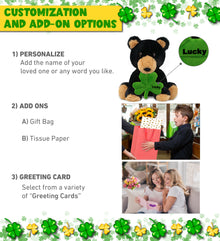 DolliBu Eco-Friendly Black Bear Stuffed Toy with Green Plush Shamrock - 9 Inch