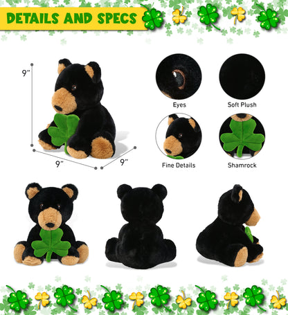 DolliBu Eco-Friendly Black Bear Stuffed Toy with Green Plush Shamrock - 9 Inch
