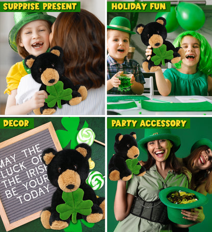 DolliBu Eco-Friendly Black Bear Stuffed Toy with Green Plush Shamrock - 9 Inch