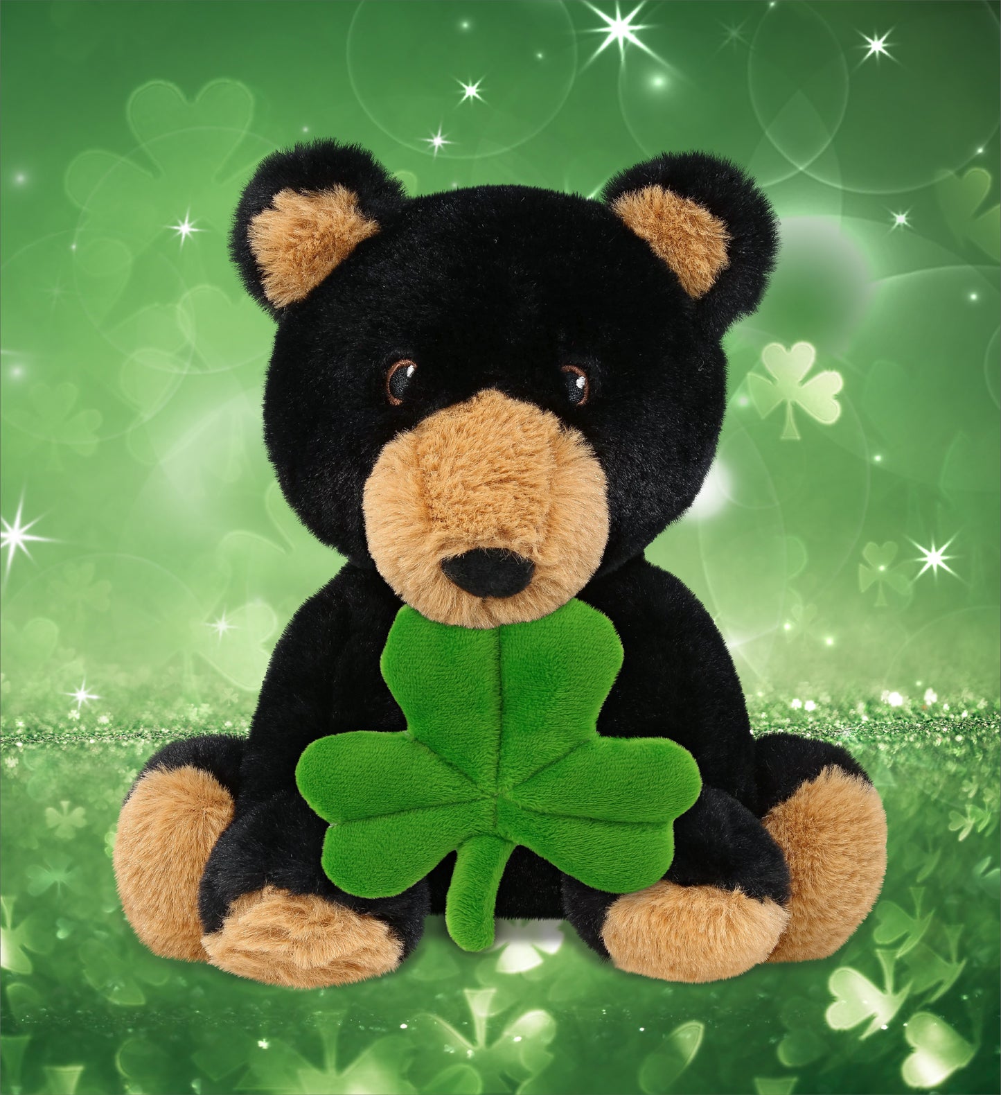 DolliBu Eco-Friendly Black Bear Stuffed Toy with Green Plush Shamrock - 9 Inch