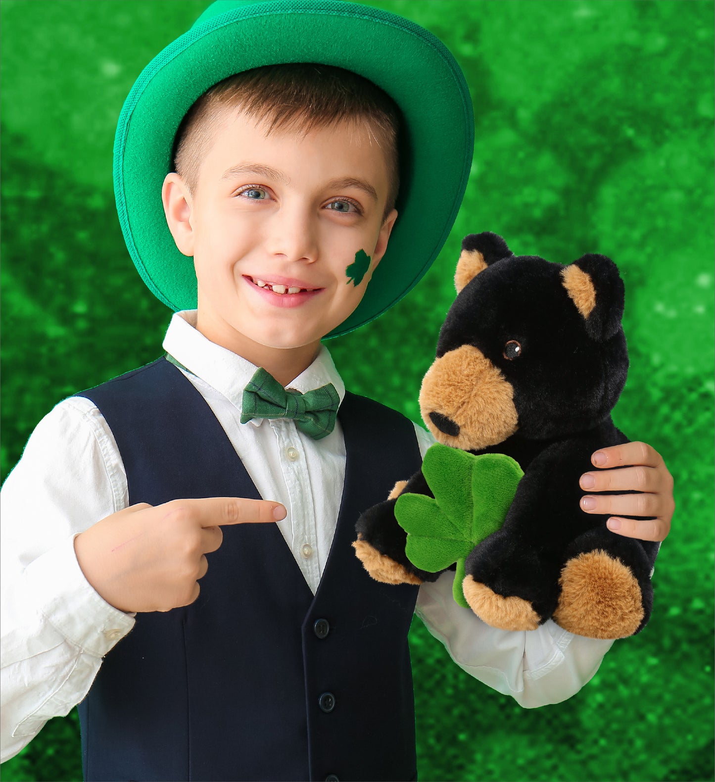 DolliBu Eco-Friendly Black Bear Stuffed Toy with Green Plush Shamrock - 9 Inch