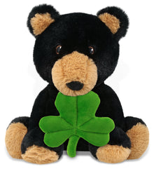 DolliBu Eco-Friendly Black Bear Stuffed Toy with Green Plush Shamrock - 9 Inch
