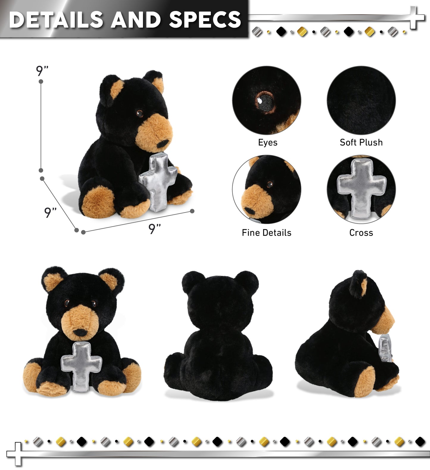 ECO FRIENDLY SUPER-SOFT PLUSH - BLACK BEAR 9" With Cross Plush