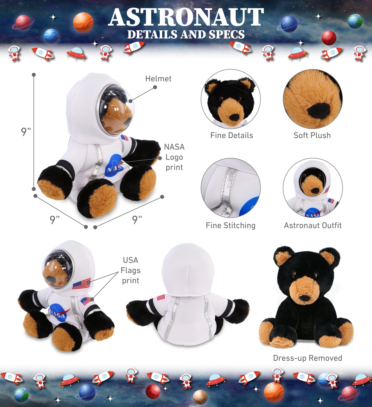 ECO FRIENDLY SUPER-SOFT PLUSH - BLACK BEAR 9" With Astronaut Dress Up
