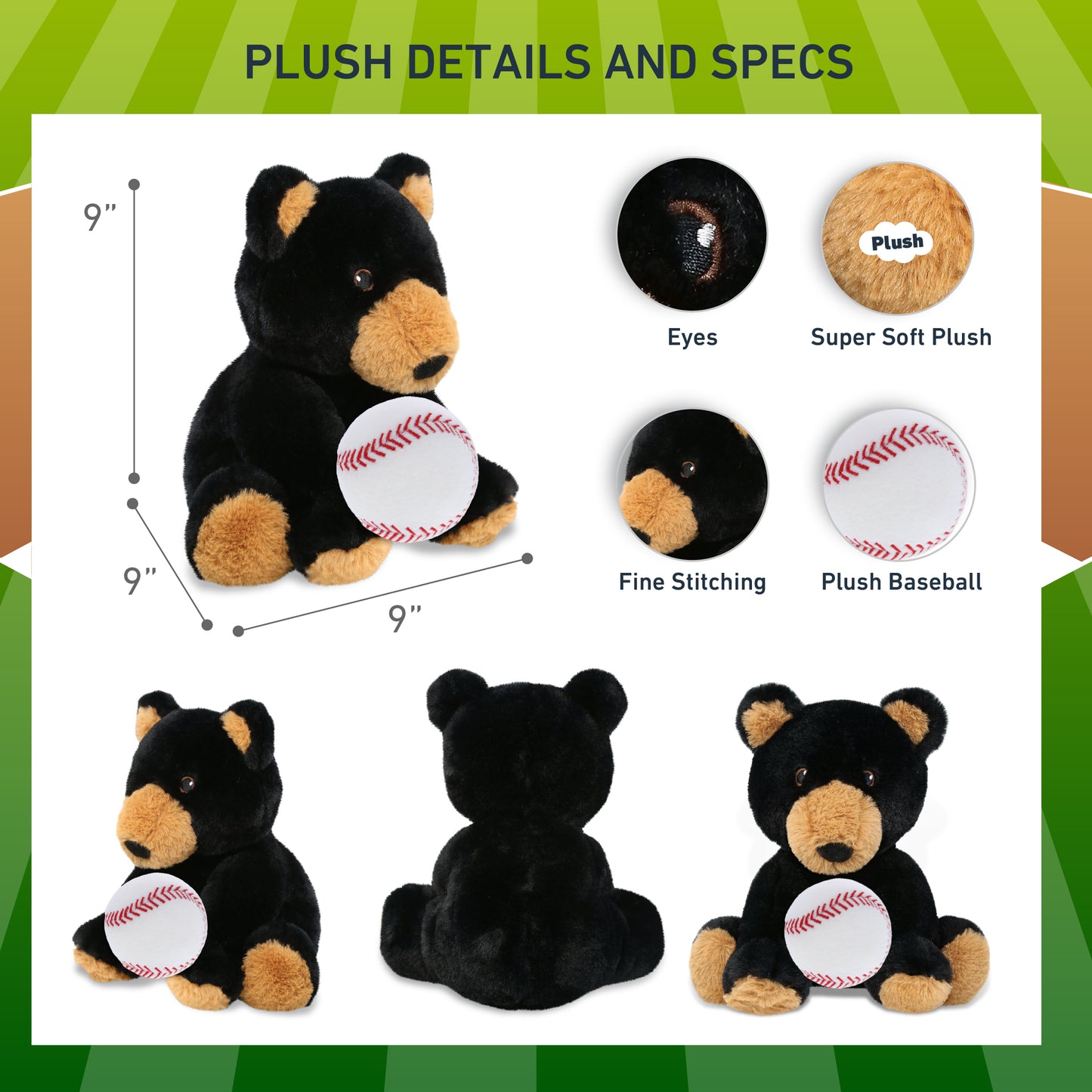 ECO FRIENDLY SUPER-SOFT PLUSH - BLACK BEAR 9" With Baseball Plush