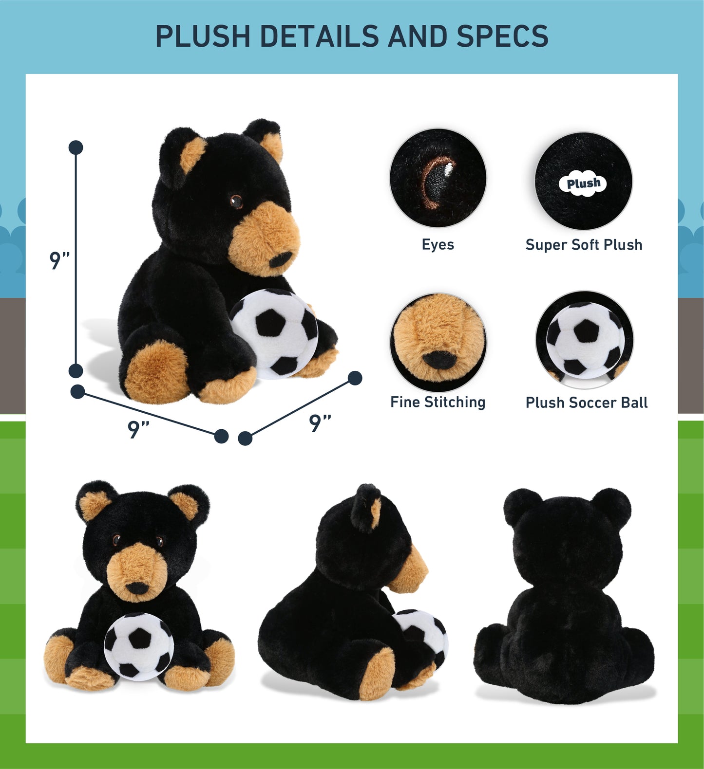 ECO FRIENDLY SUPER-SOFT PLUSH - BLACK BEAR 9" With Soccer Plush
