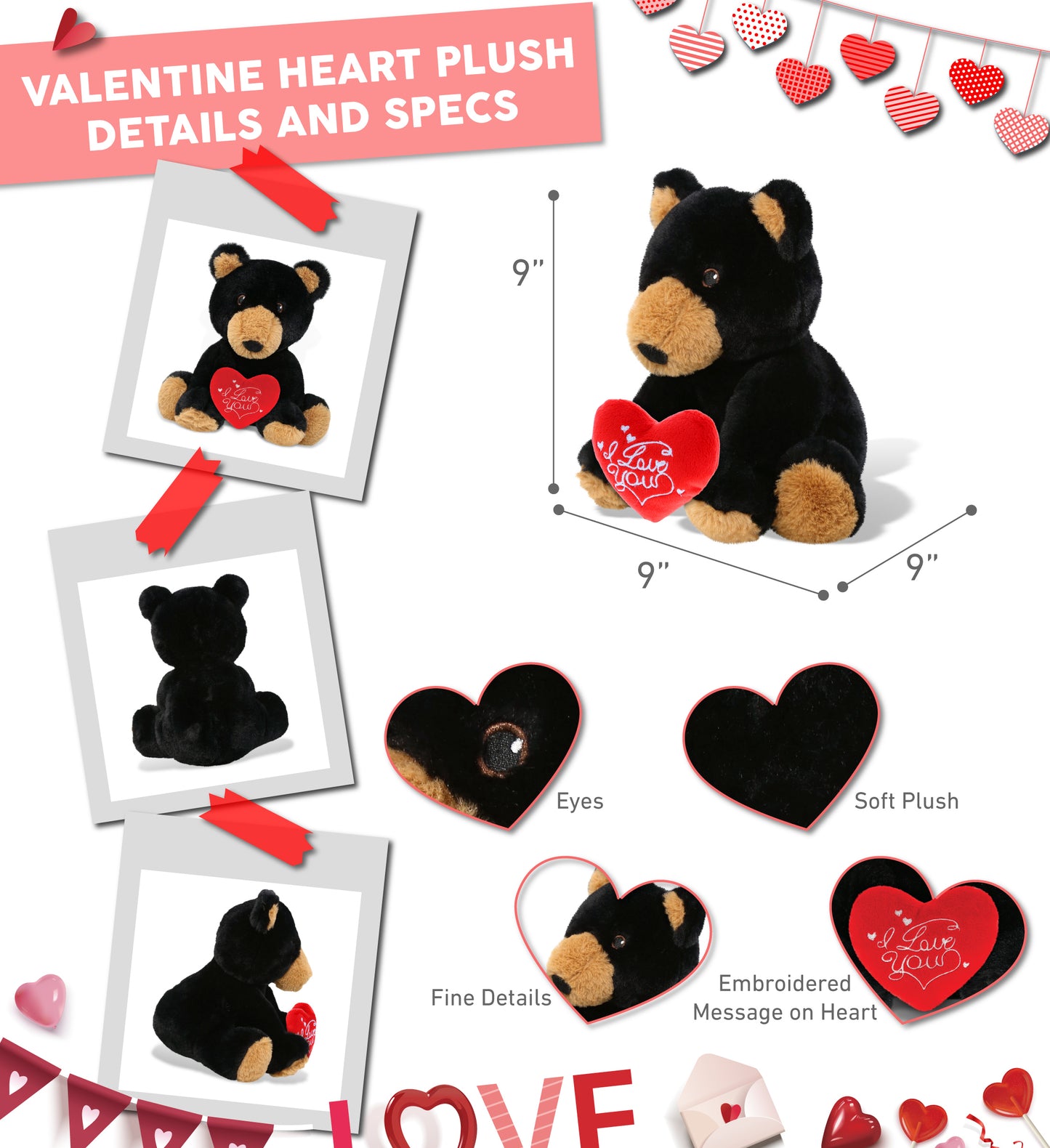 PLUSH I LOVE YOU RED HEART - ECO FRIENDLY SUPER-SOFT PLUSH - BLACK BEAR 9"