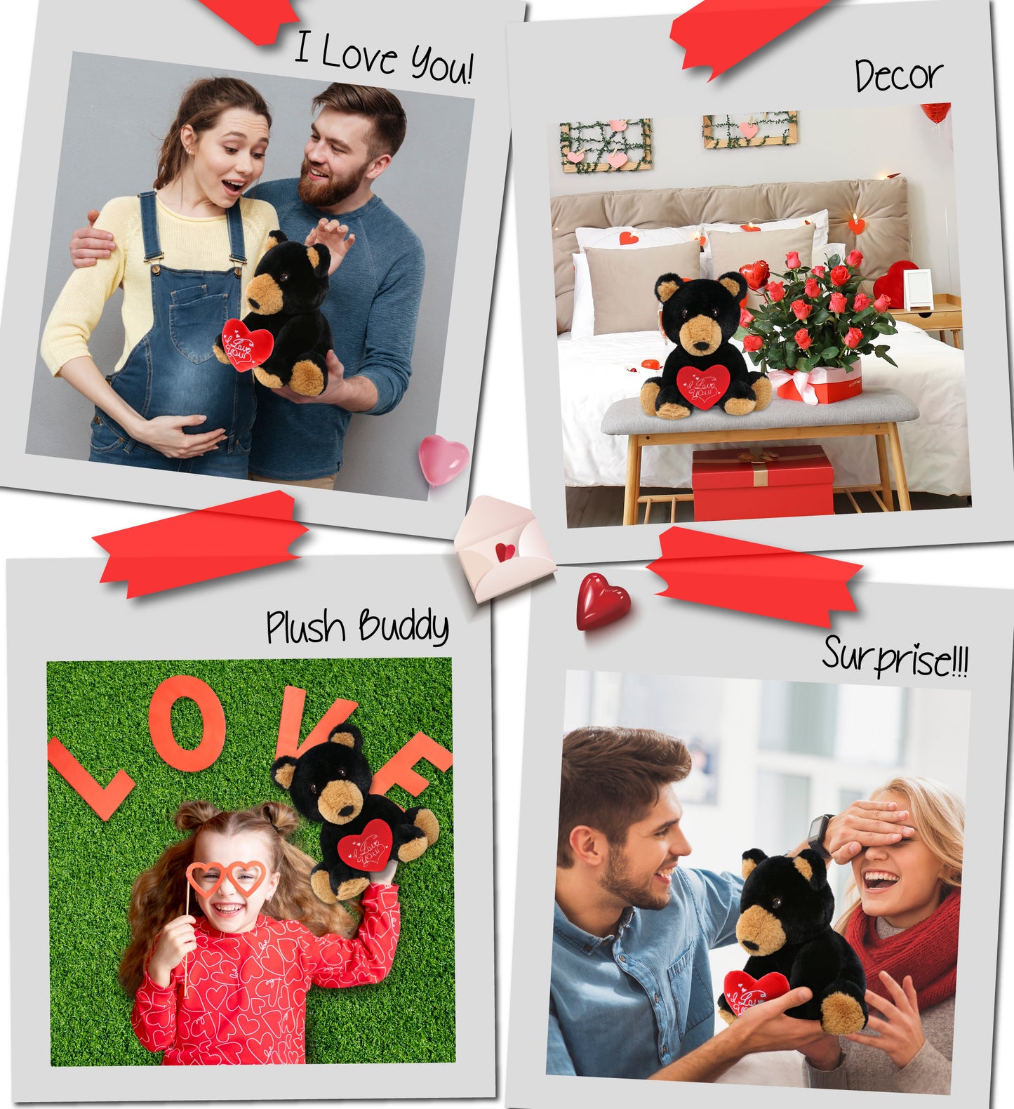 PLUSH I LOVE YOU RED HEART - ECO FRIENDLY SUPER-SOFT PLUSH - BLACK BEAR 9"