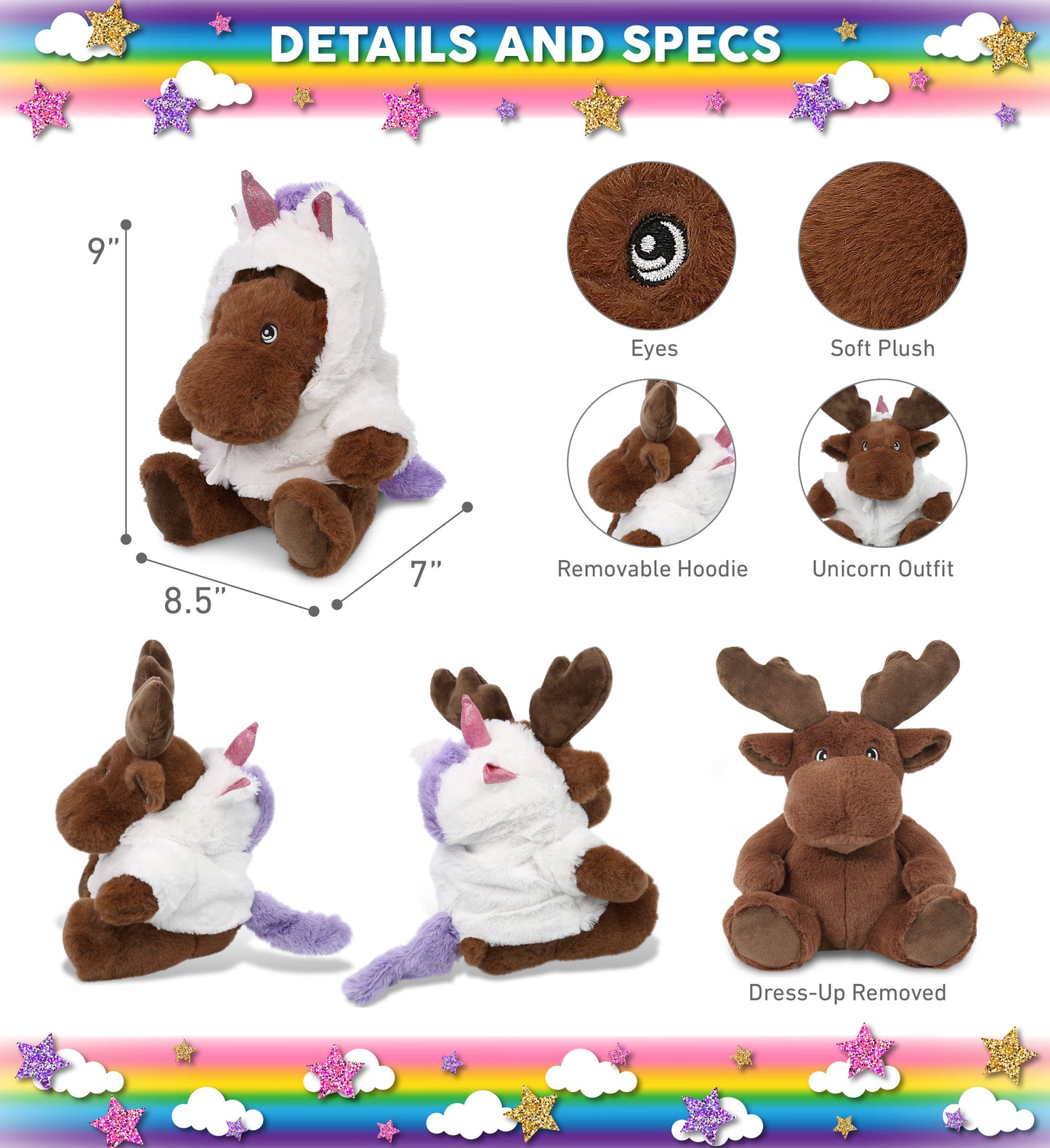 ECO FRIENDLY SUPER-SOFT PLUSH - MOOSE 9" With Unicorn Dress Up