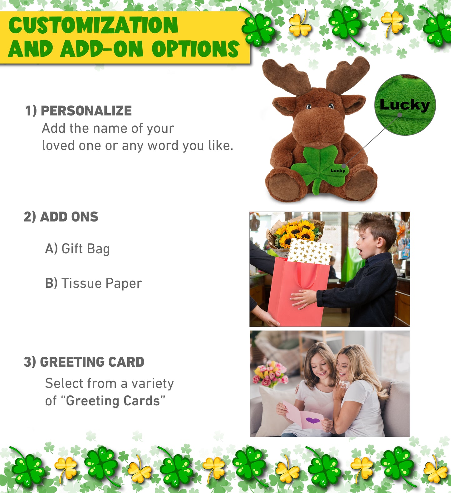 DolliBu Eco-Friendly Moose Stuffed Animal with Green Plush Shamrock - 9 Inches