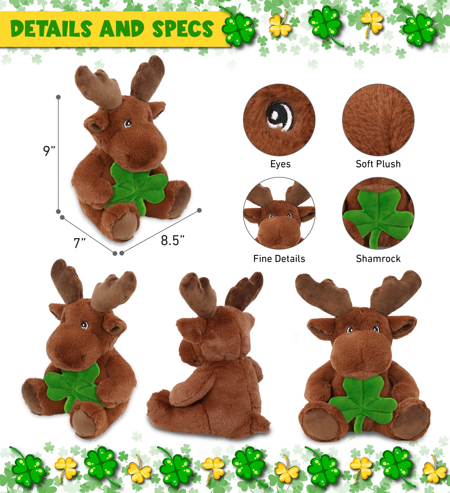DolliBu Eco-Friendly Moose Stuffed Animal with Green Plush Shamrock - 9 Inches