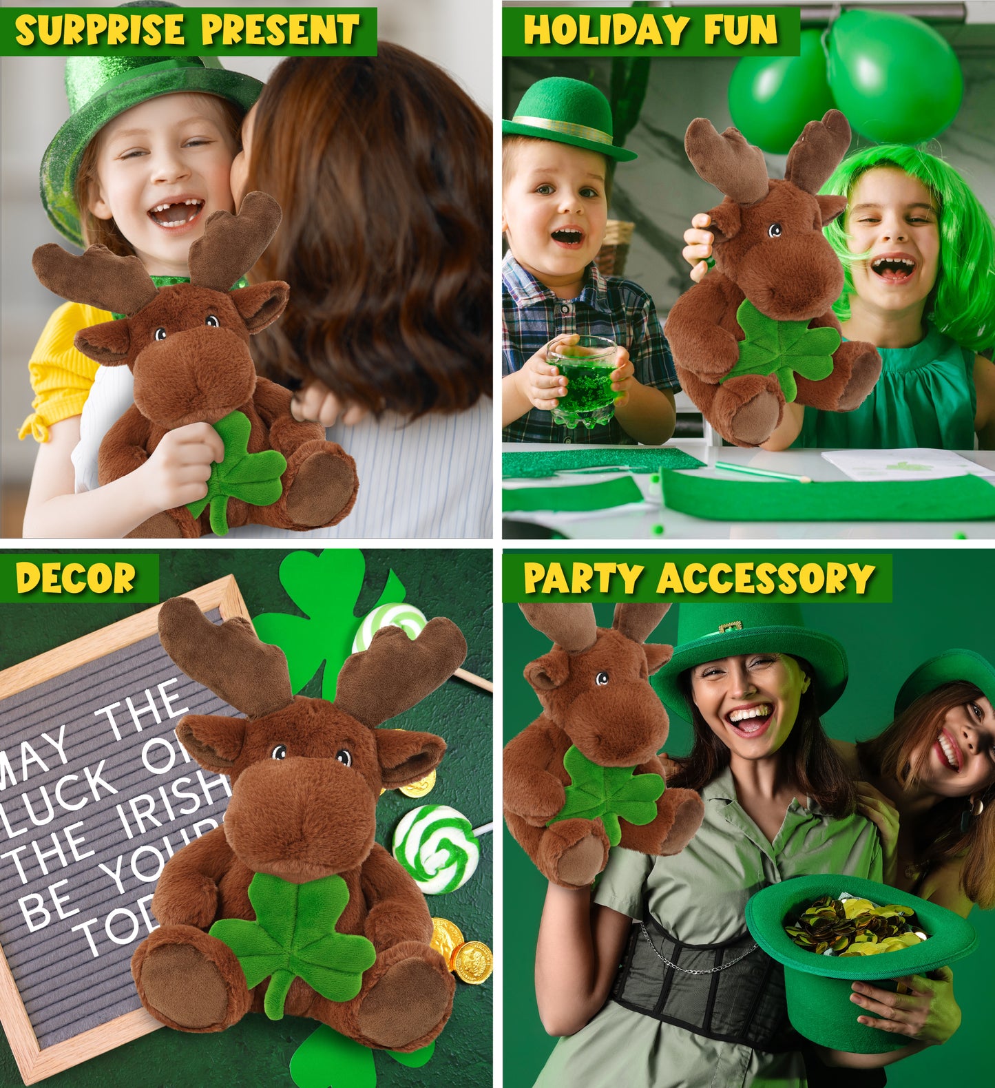 DolliBu Eco-Friendly Moose Stuffed Animal with Green Plush Shamrock - 9 Inches