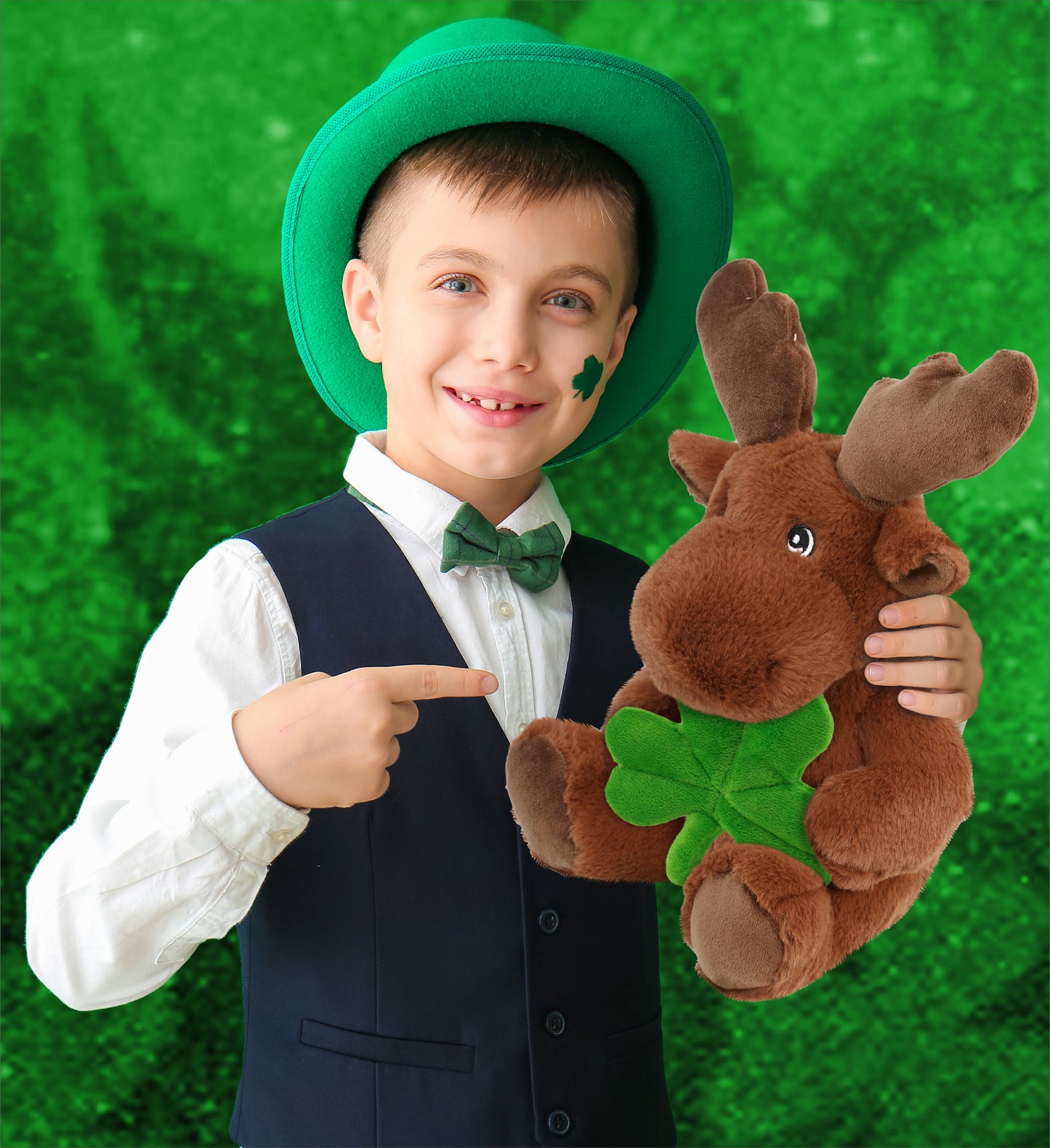 DolliBu Eco-Friendly Moose Stuffed Animal with Green Plush Shamrock - 9 Inches