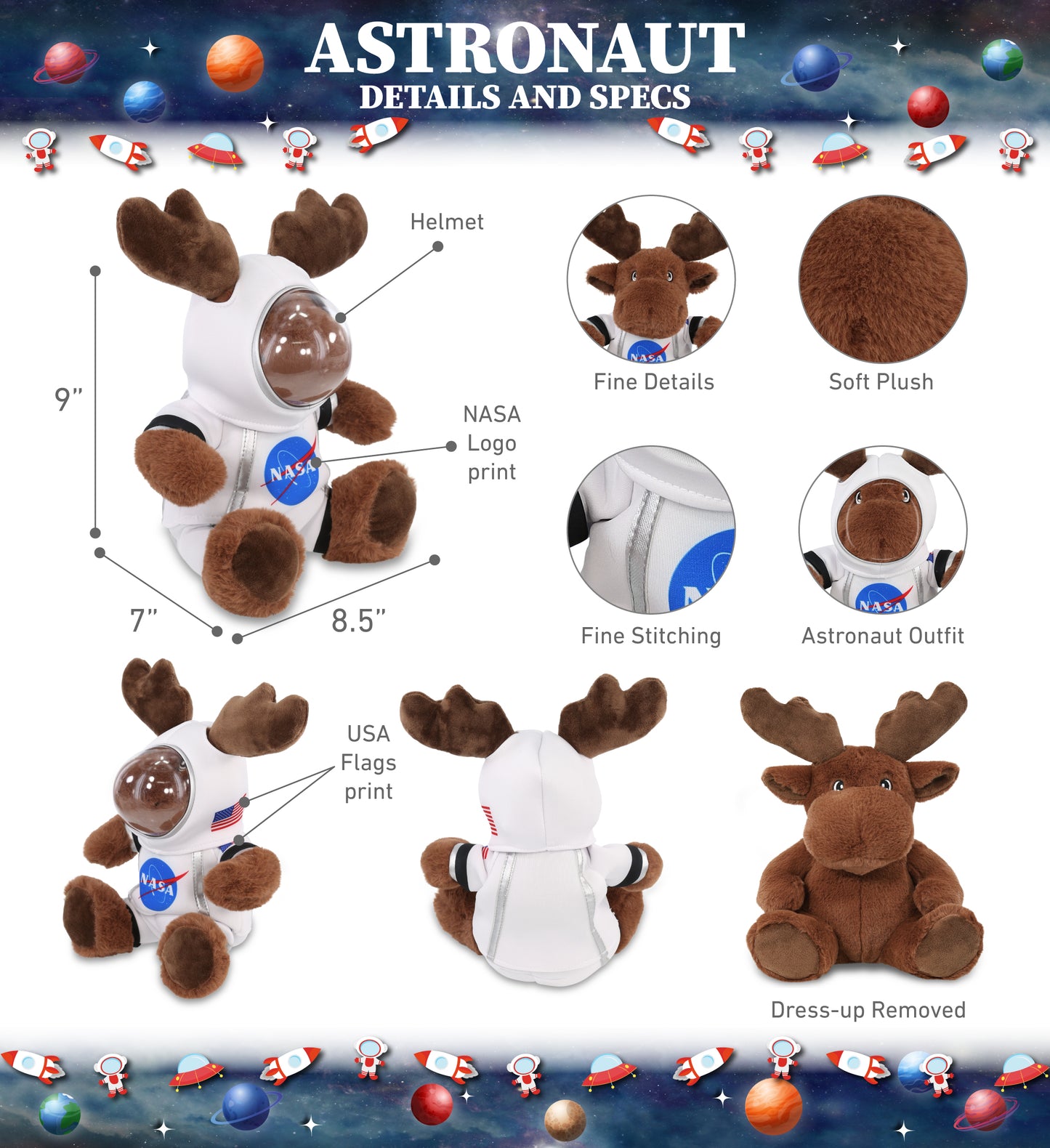ECO FRIENDLY SUPER-SOFT PLUSH - MOOSE 9" With Astronaut Dress Up