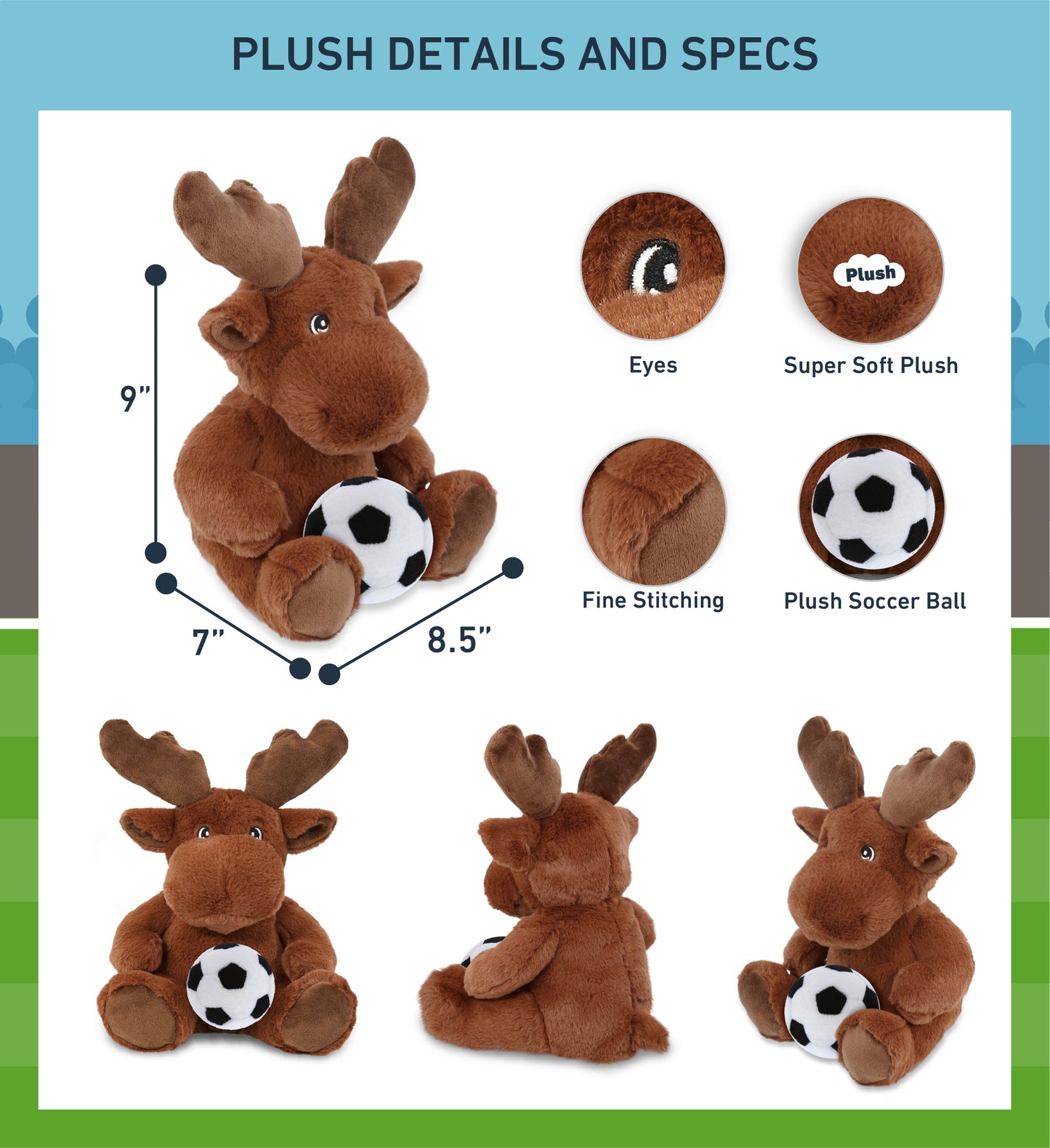 ECO FRIENDLY SUPER-SOFT PLUSH - MOOSE 9" With Soccer Plush